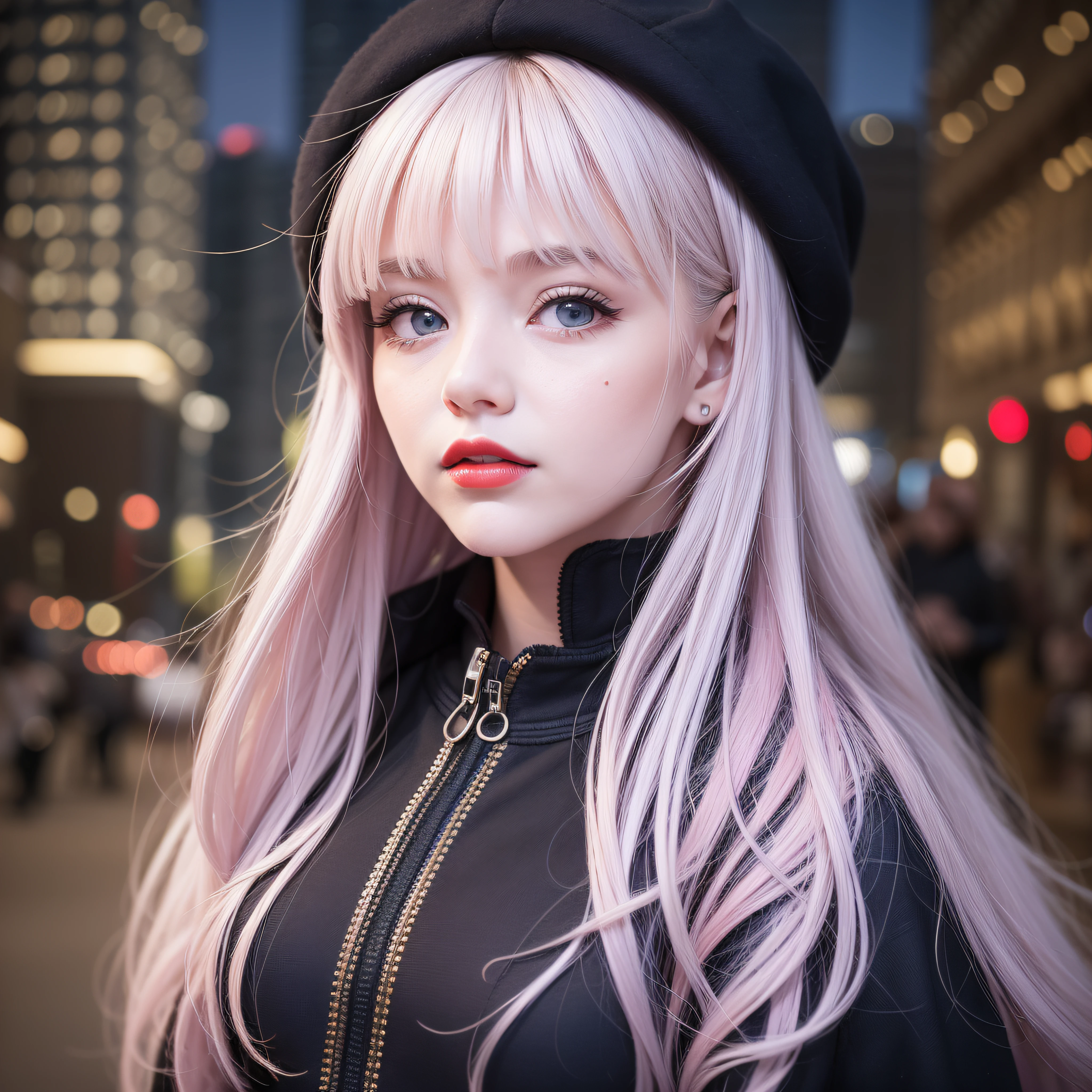 girl with long white hair covering one of the eyes, with large blue eyes tightly together horizontally to the nose, face with round shape, with pink cheeks, with black jacket, black blouse, red lipstick, in 100k resolution, in a city at night full buildings illuminated with blue and red lights