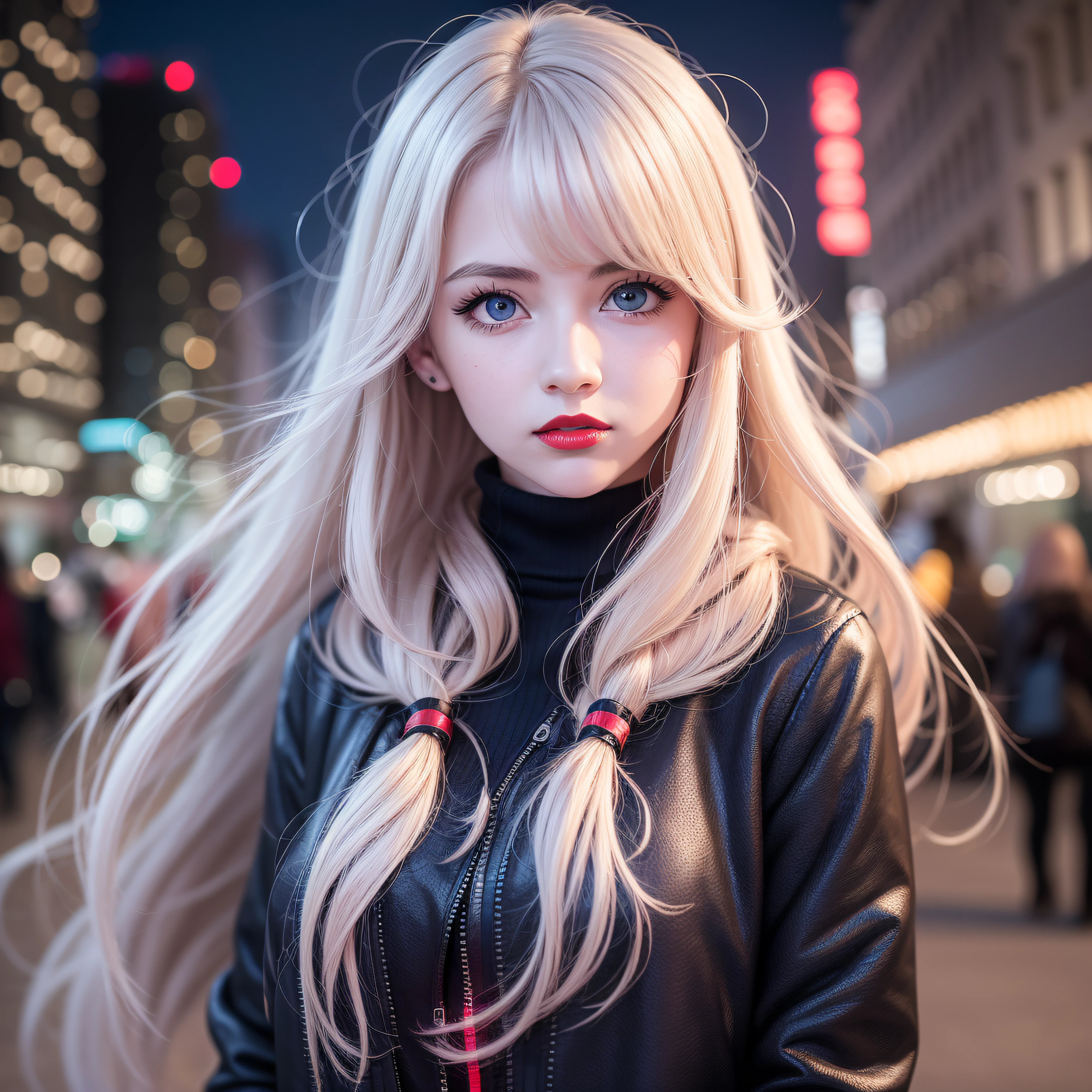15-year-old girl with long white hair and big blue eyes tightly knit together horizontally to the nose, round shaped face, with pink cheeks, with black jacket, black blouse, red lipstick, in 100k resolution, in a city at night full buildings illuminated with blue and red lights