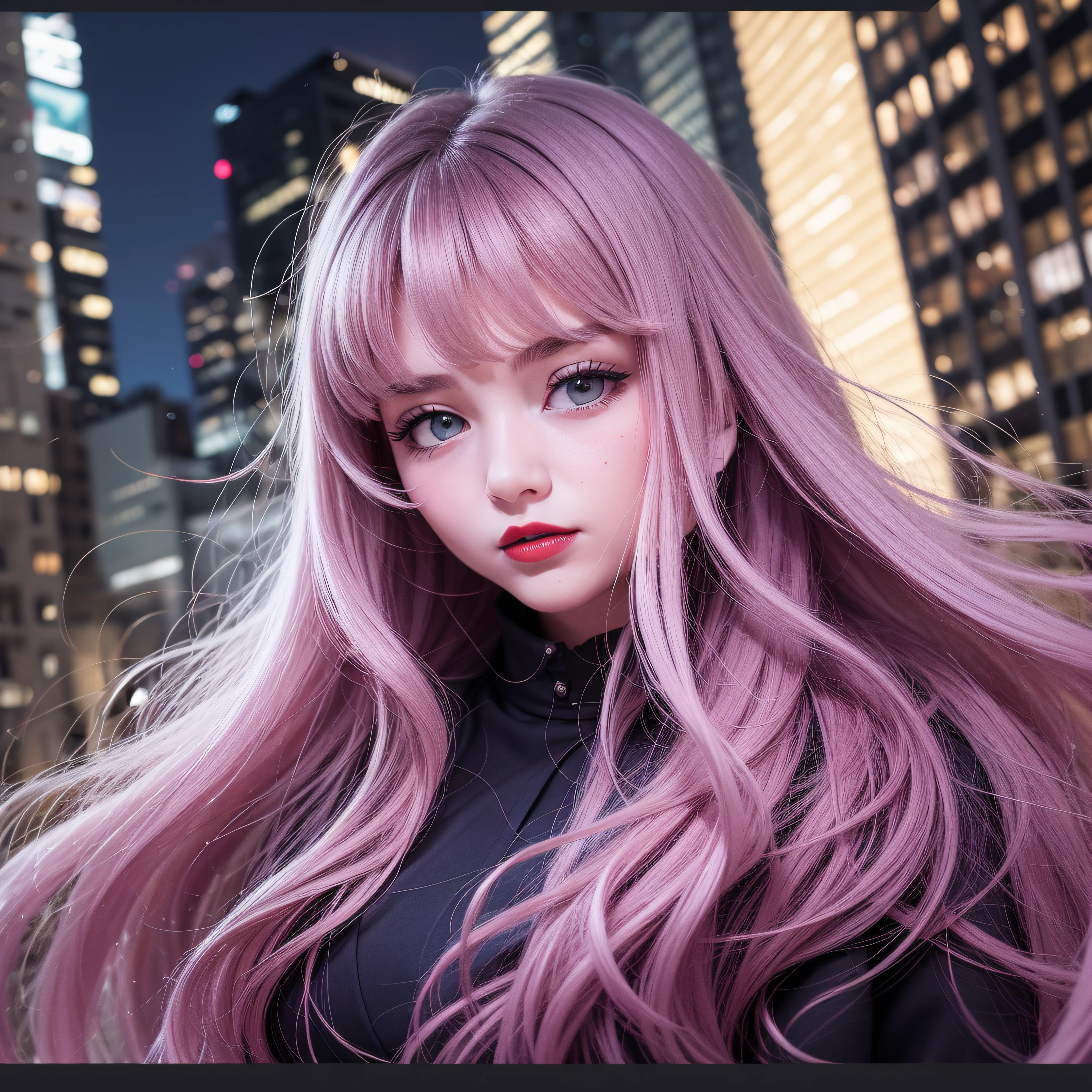 15-year-old girl with long white hair and big blue eyes tightly knit together horizontally to the nose, round shaped face, with pink cheeks, with black jacket, black blouse, red lipstick, in 100k resolution, in a city at night full buildings illuminated with blue and red lights