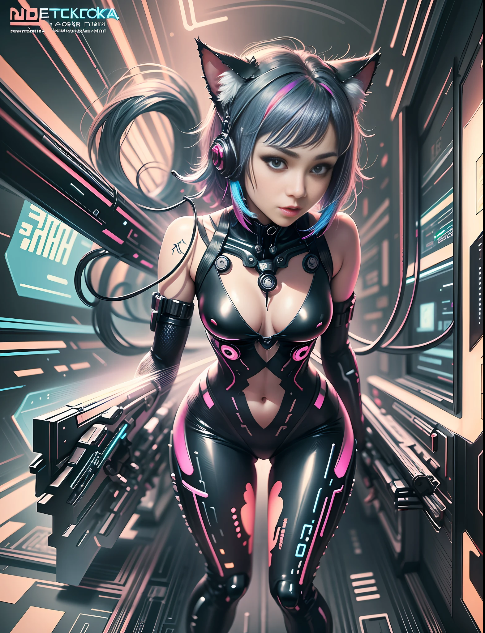 Japanese manga style character sheet of cyberpunk nekomata catgirl, front and back, full body, colorful cyberpunk bodysuit, white and black background, equipment, weapon, detailed, intricate