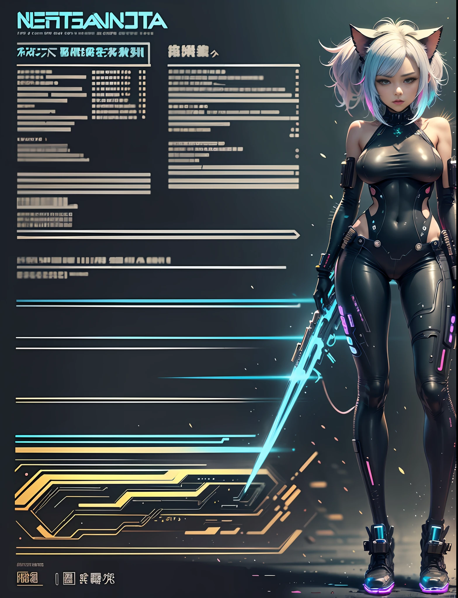 Japanese manga style character sheet of cyberpunk nekomata catgirl, front and back, full body, colorful cyberpunk bodysuit, white and black background, equipment, weapon, detailed, intricate