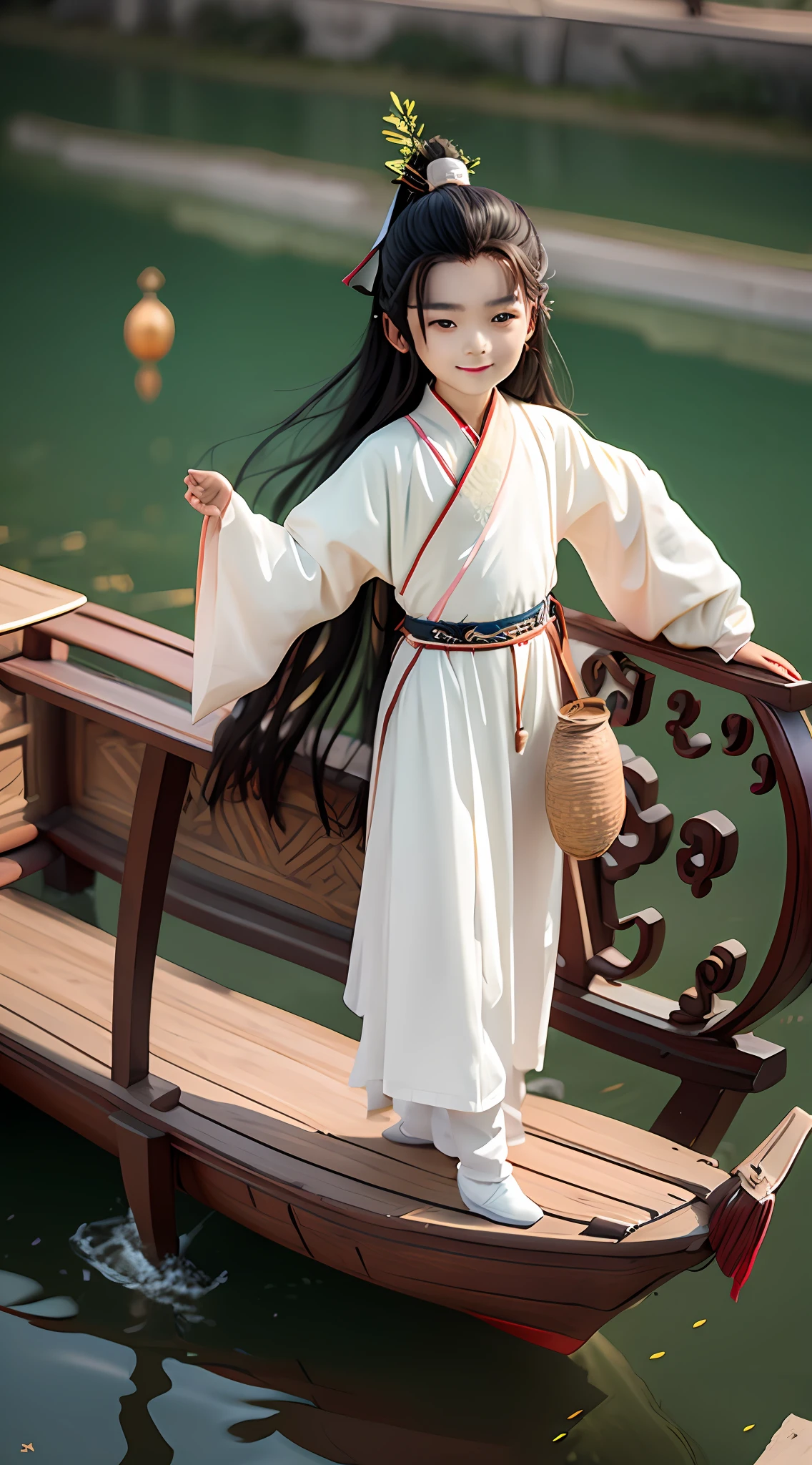 (Masterpiece),(Need),(Super meticulous),(Entire body:1.2),(A little boy:1.3,Smile white Hanfu,with long black hair,Stand on a small wooden boat,Small wooden boats drift on the river),(backdrop:Yangtze:1.3,Water streaks,Small wooden boat,mountain:1.3,),chibi,Full body