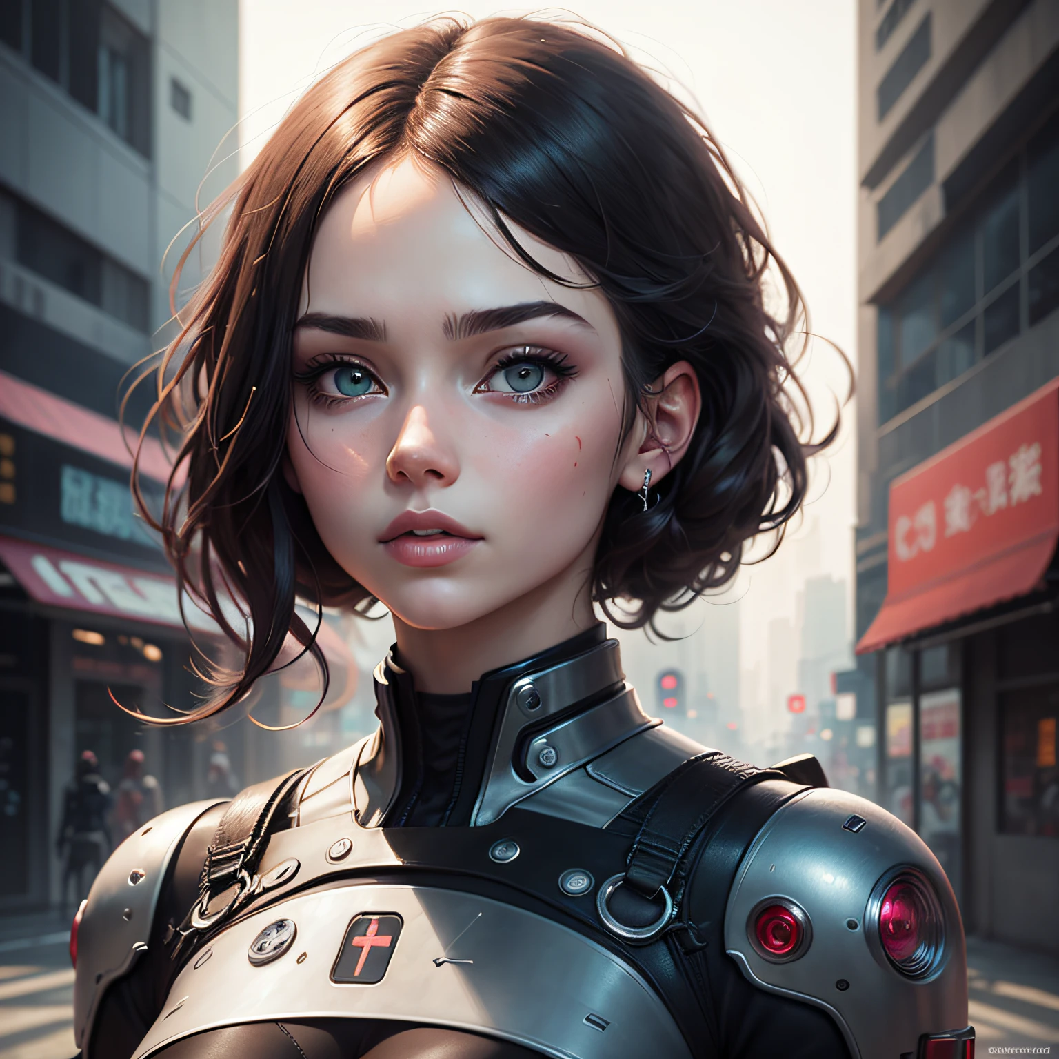 menina anime, rosto metade robo, Futurista, cabelo loiro, Johansson Escarlate, um capacete futurista segurando um cubo,  Guweiz's non-style artworks, Android Jones, RossDrew 2. 0, Cyberpunk Anime Arte Digital, Rossdraw 1. 0, Ross Retrato, Epic portrait illustration --auto