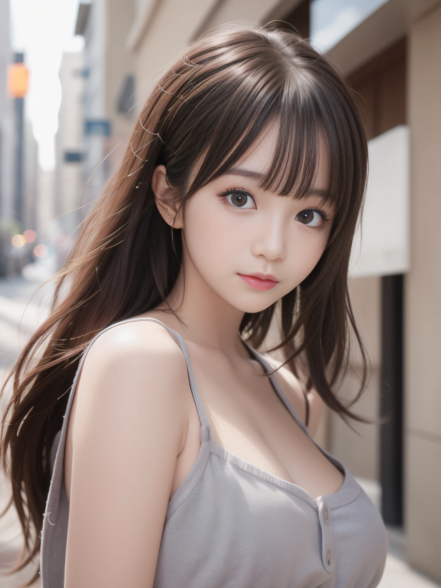 (8k raw photos, highest quality, masterpiece, 8k-UHD), (realistic, photorealistic: 1.37), (anatomically accurate and realistic skin), ultra high resolution, depth of field, film lighting, film grain, very cute 16 year old girl, tips, red eyes, long eyelash, bags under the eyes, cute face, very detailed eyes and hair, skin with beautiful details, happy smile, brown hair, thick bangs, shiny hair, curly, urban, cityscape,