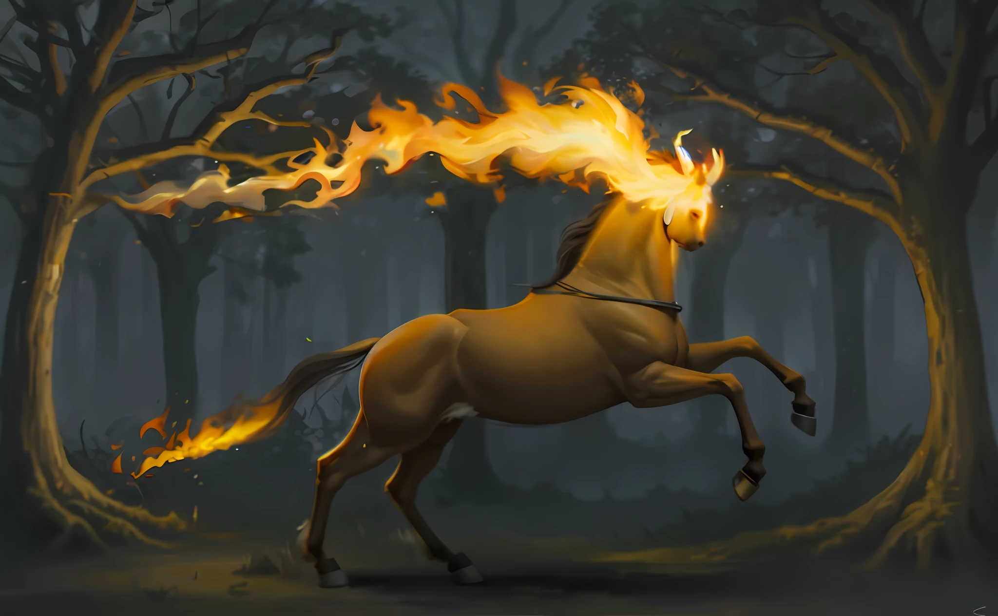 pintura de um cavalo com uma trilha de fogo na floresta, ghost of the fire spirit, Cavalo Centauro, Sleipnir, flame conjuring, fire and flames mane, mythical creature, Horse, Quimera centaurosa macho Centauroo, Centauro, A mythical creature, Cavalo digital, fires!! hiper-realista, flame conjuring armored, anthropomorphic horse