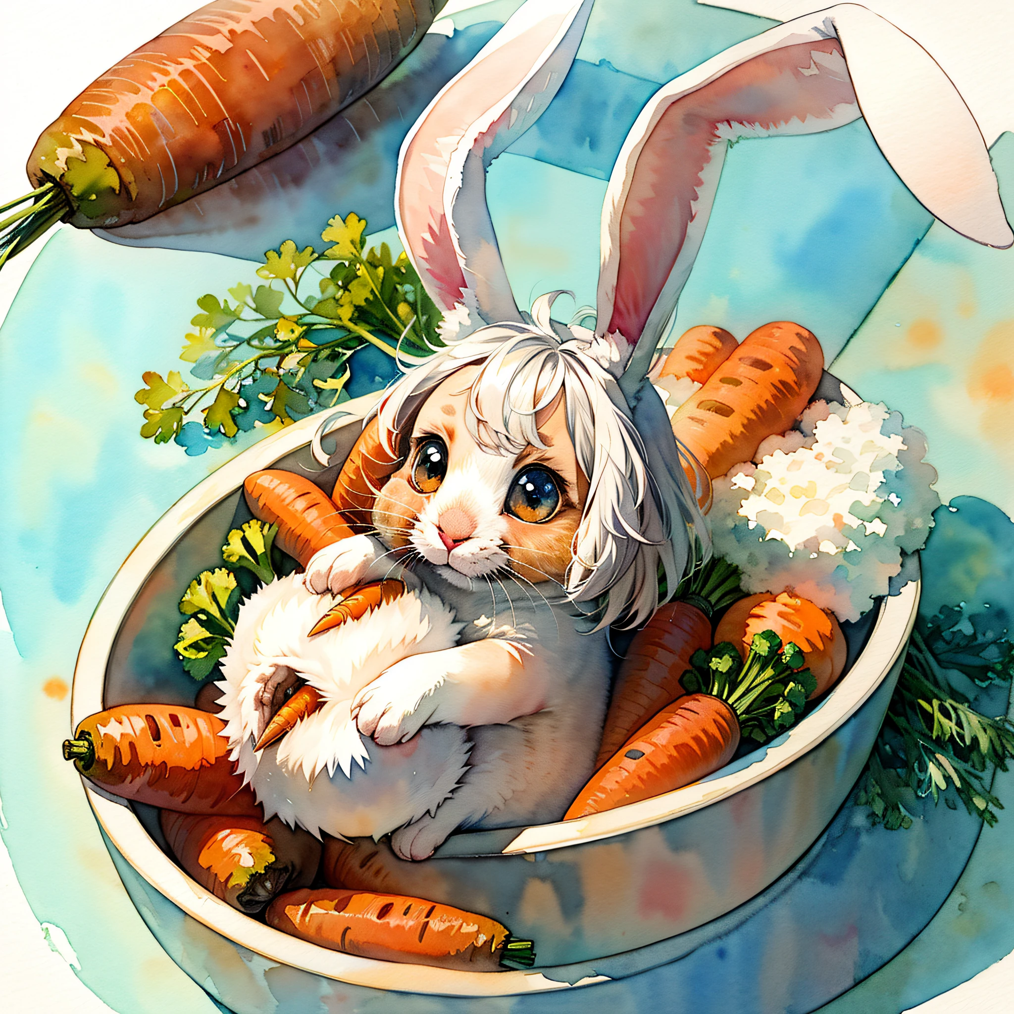 Fluffy Cute Ball, carrot colored, bunny ears, large cute eyes, carrots all around ((In Watercolor painting style))