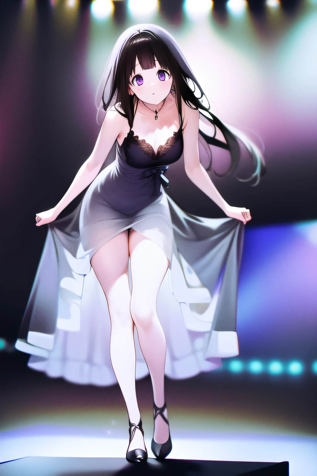 A superb exquisite Chitanda Eru, full body, purple eyes, black hair, natural straight hair, straight bangs, solo, ((idol)), ((on stage)), extremely delicate, straight facial features, peerless beautiful girl, soft, (sensual), (kawaii), dreamy quality, light white and dark brown, exaggerated facial features, solid color, frank holly, delicate face, bright lips smiling, slender waist, soft curves, real light and shadow, super fine, 4k, natural moving, Ultra high resolution, (masterpiece:1.2, best quality), (finely detailed beautiful eyes: 1.2), (beautiful detailed face)