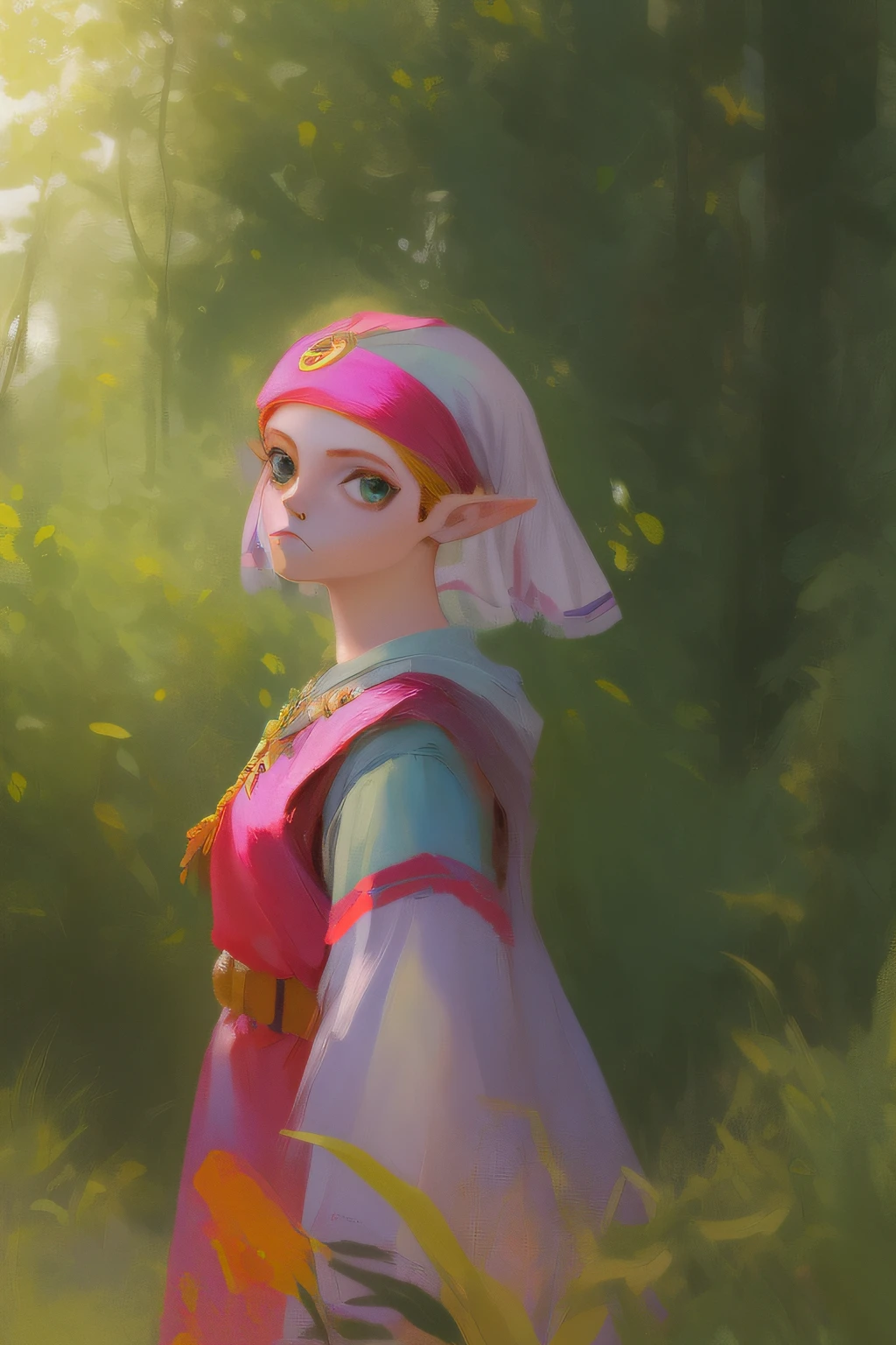 masterpiece, best_quality, 1girl, solo, princess zelda, nintendo, the legend of zelda, oot, young zelda, outdoors, looking at viewer, intricate green nature background