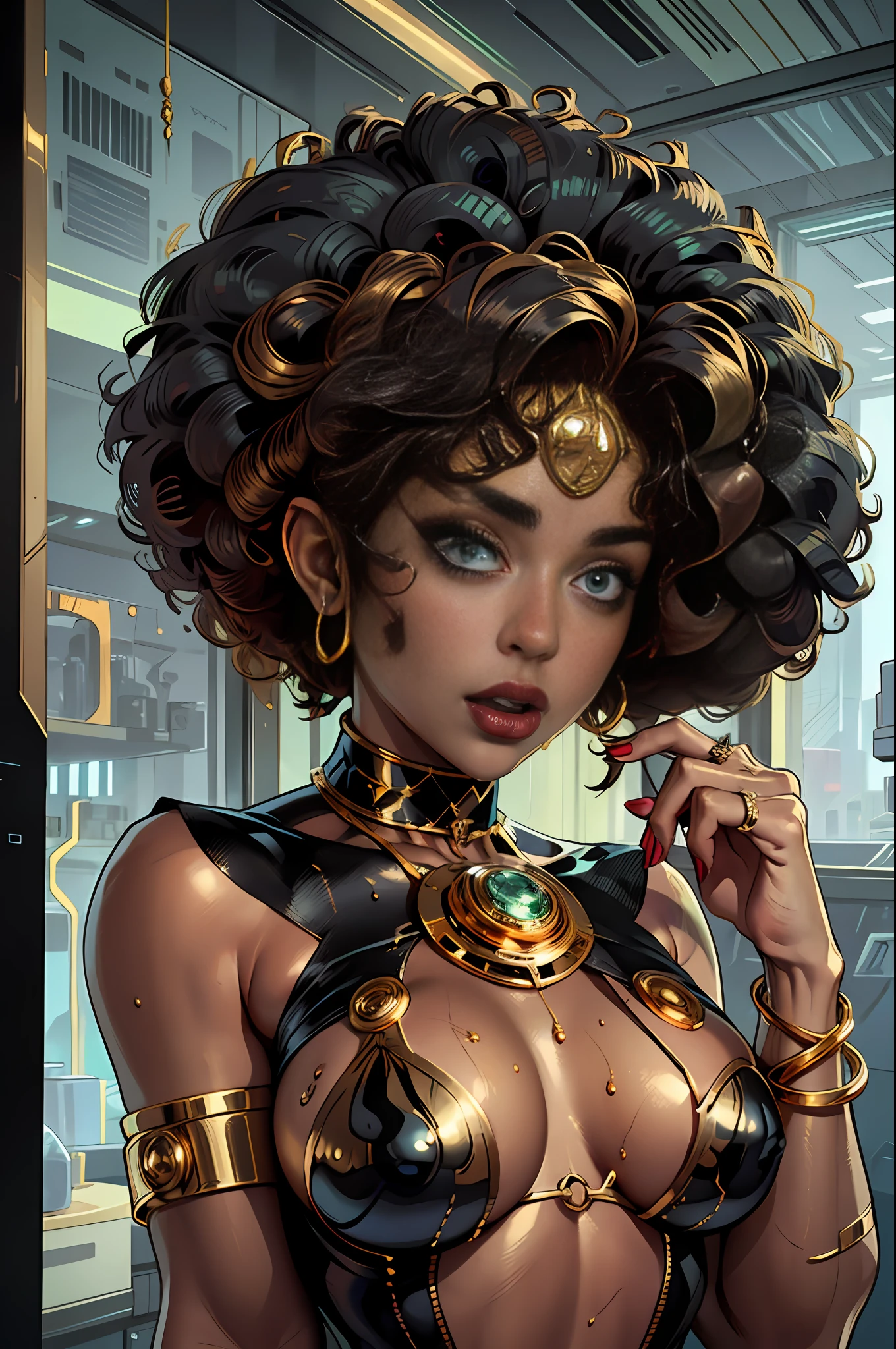 Ebony girl naked in glass body and plastic jewelry, Highly Detailed Face and Skin Texture, (((black skin:1.25))), (big green eyes), slim face, juicy lips, bimbo lips, big puffy breast, (((gold breastplates))), ((afro curly red hair)), black skin, Detailed Eyes, Double Eyelids, cyberpunk gold metal jewelry BDSM, gold metal cyberpunk tapes on body, metal Collar, metal gold futuristic tiny Panties t-strings, metal Tiny panties, metal stickini, metal cupless bra, metal clothes, gold body jewelry, wet skin, she is naked. White skin, she is on the futuristic cyberpunk white and Black room in the spacecraft. Ring in the nose.