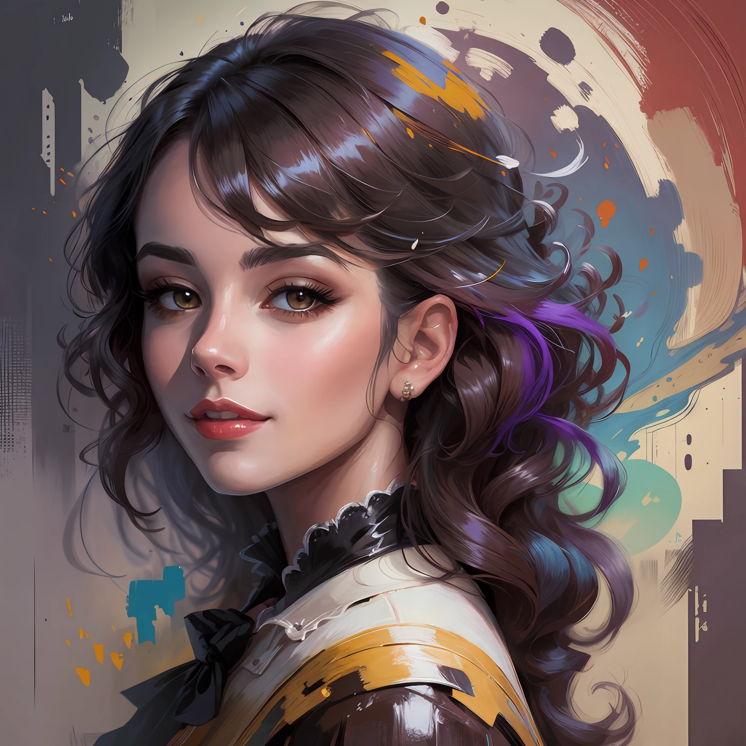 painting of a woman with a purple hair and a brown jacket, fantasy concept art portrait, Pintura detallada 4 K, Hermosa pintura de personajes, Retrato de RossDraw, Hermoso arte UHD 4 K, character art portrait, Loish y Wlop, epic portrait illustration, fantasy art portrait, Arte digital detallado 4K, Arte digital 4K altamente detallado, Retrato detallado del personaje, sonrisa seductora
