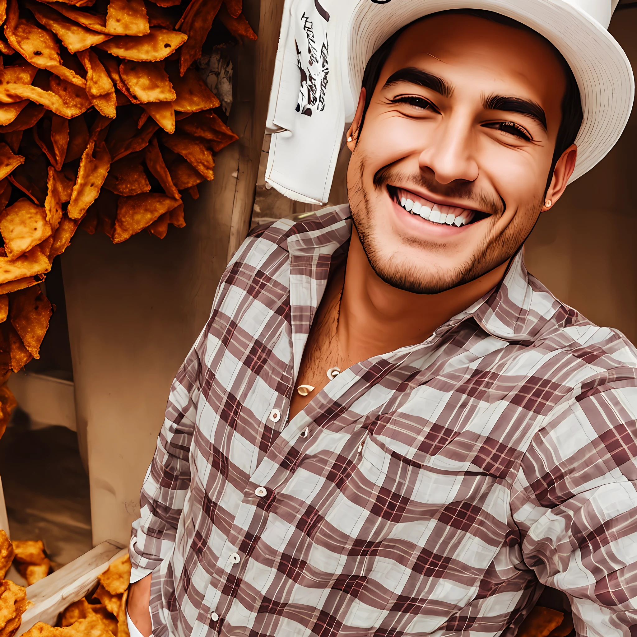 arafed man in a plaid shirt and a white hat, sorriso frito anime, com um lindo sorriso, estilo anime ultra realista