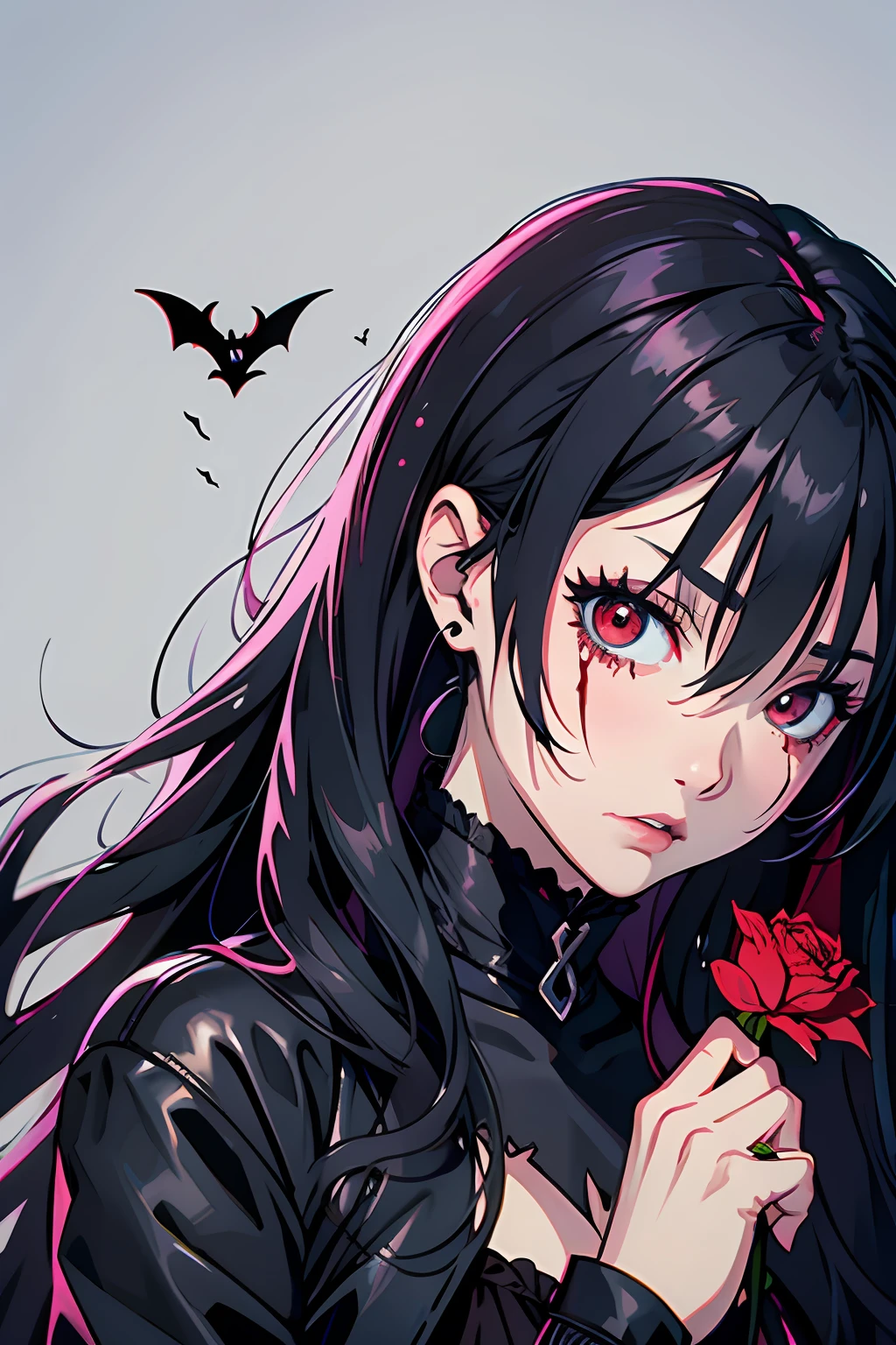 a close up of a person with a bloody face and a black coat, anime vampires, 1 7 - year - old anime goth girl, 8 0's horror anime, gothic maiden anime girl, female vampire knight, gothic!!, l vampire, Tohsaka as well., misato katsuragi, l vampire, carmilla vampire, sad vampire, & her expression is solemn