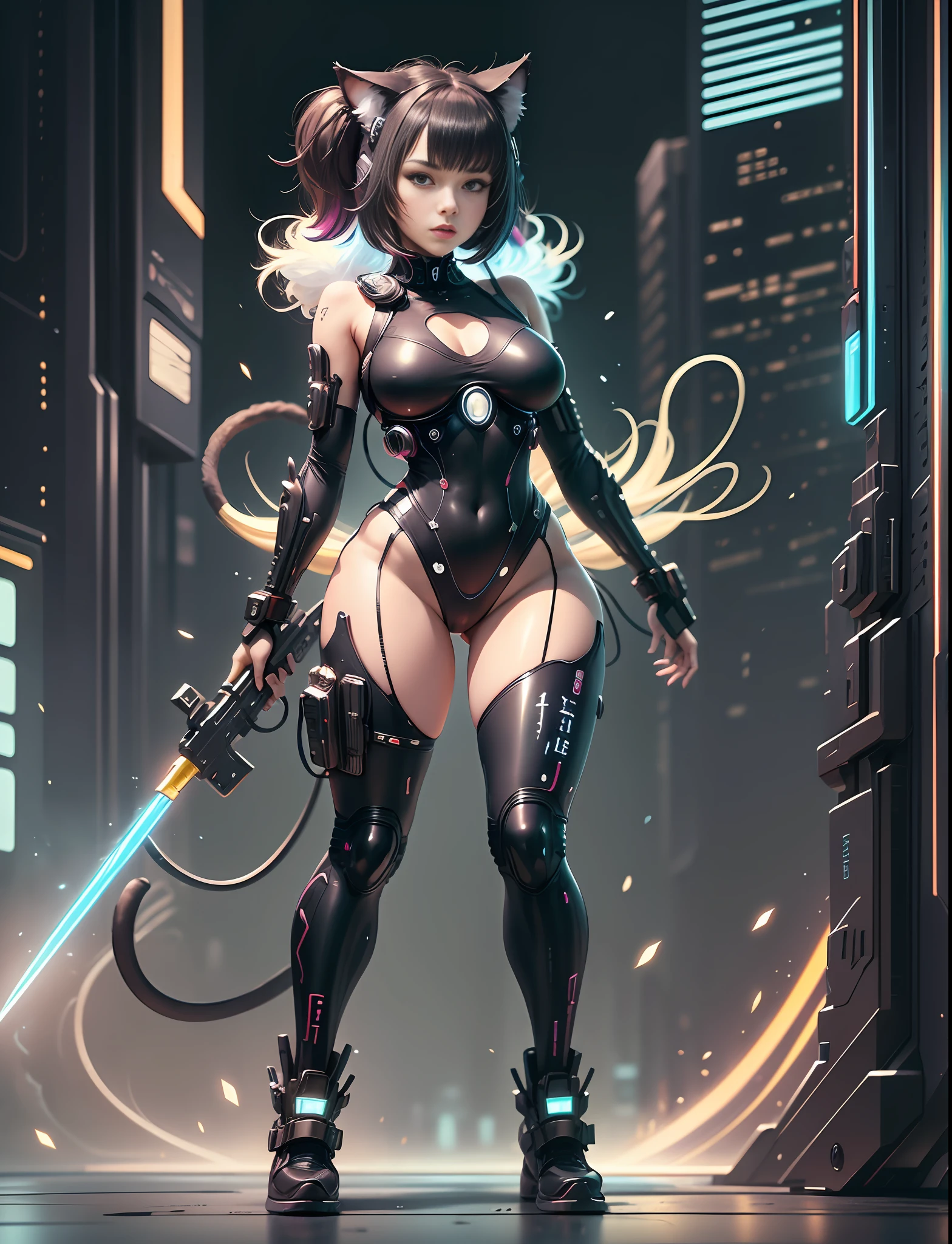 Japanese manga style character sheet of cyberpunk nekomata catgirl, front and back, full body, colorful cyberpunk bodysuit, white and black background, equipment, weapon, detailed, intricate, cinematic lighting