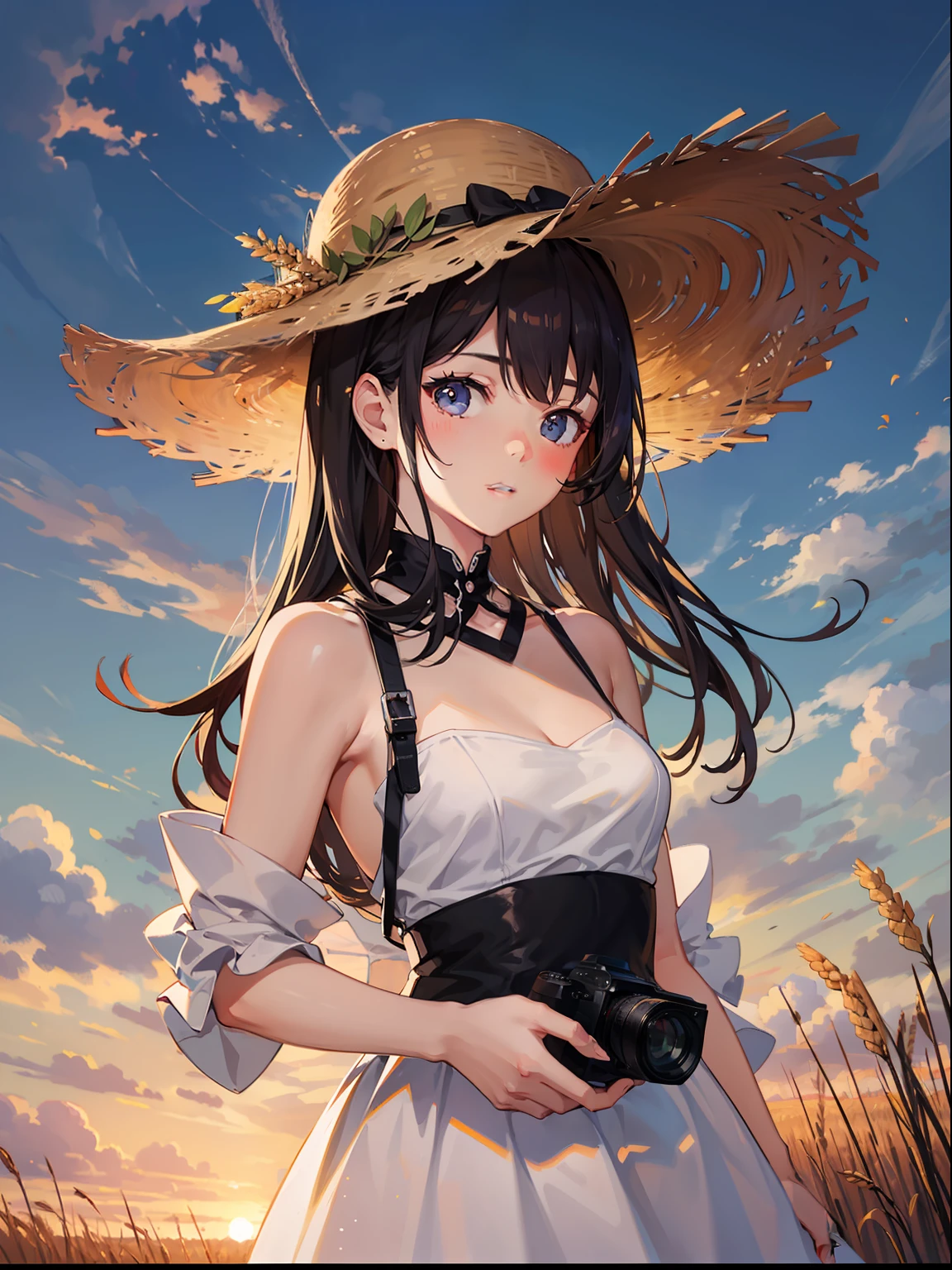 Ultra-clear realistic, sunset, wearing a beautiful dress hat girl, facial features clear delicate beautiful sunset, holding a camera, wheat fields, winding rivers, trees, Wheat haystack, warm style, surreal, ultra-high definition, 8K resolution, pixel perfect, perfect ultra-fine detail