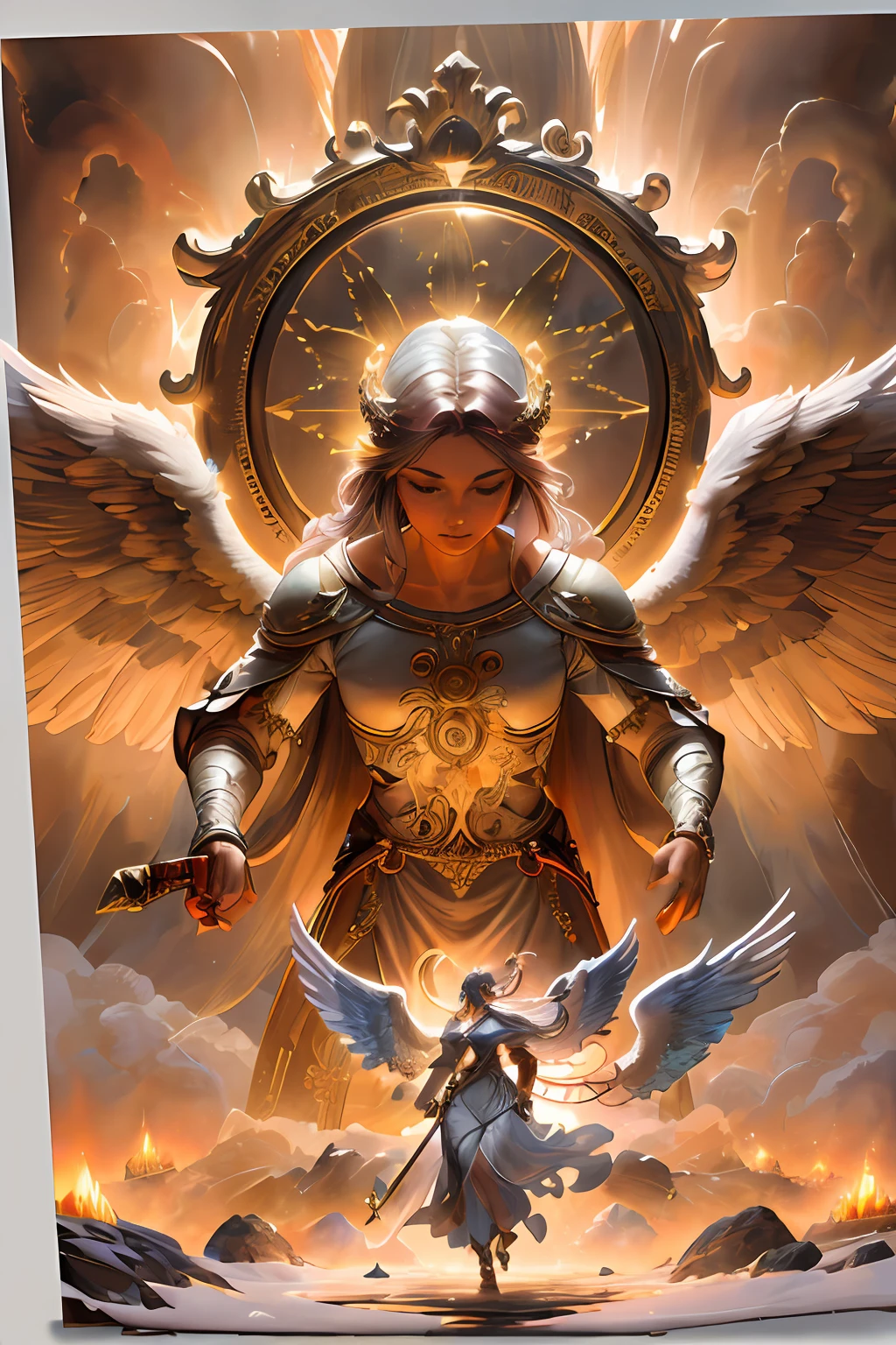 there is a picture of a woman with wings holding a sword, arte fantasia behance, Artgerm Julie Bell Beeple, do cavaleiro do anjo, anjo super largo, anjo protegendo a mulher, deusa. Detalhes extremamente altos, Symmetrical Epic Fantasy Art, arte de fantasia de alta qualidade, Arte de fantasia 4k, por Johfra Bosschart, arcanjo, Direction: Jeremy Chong