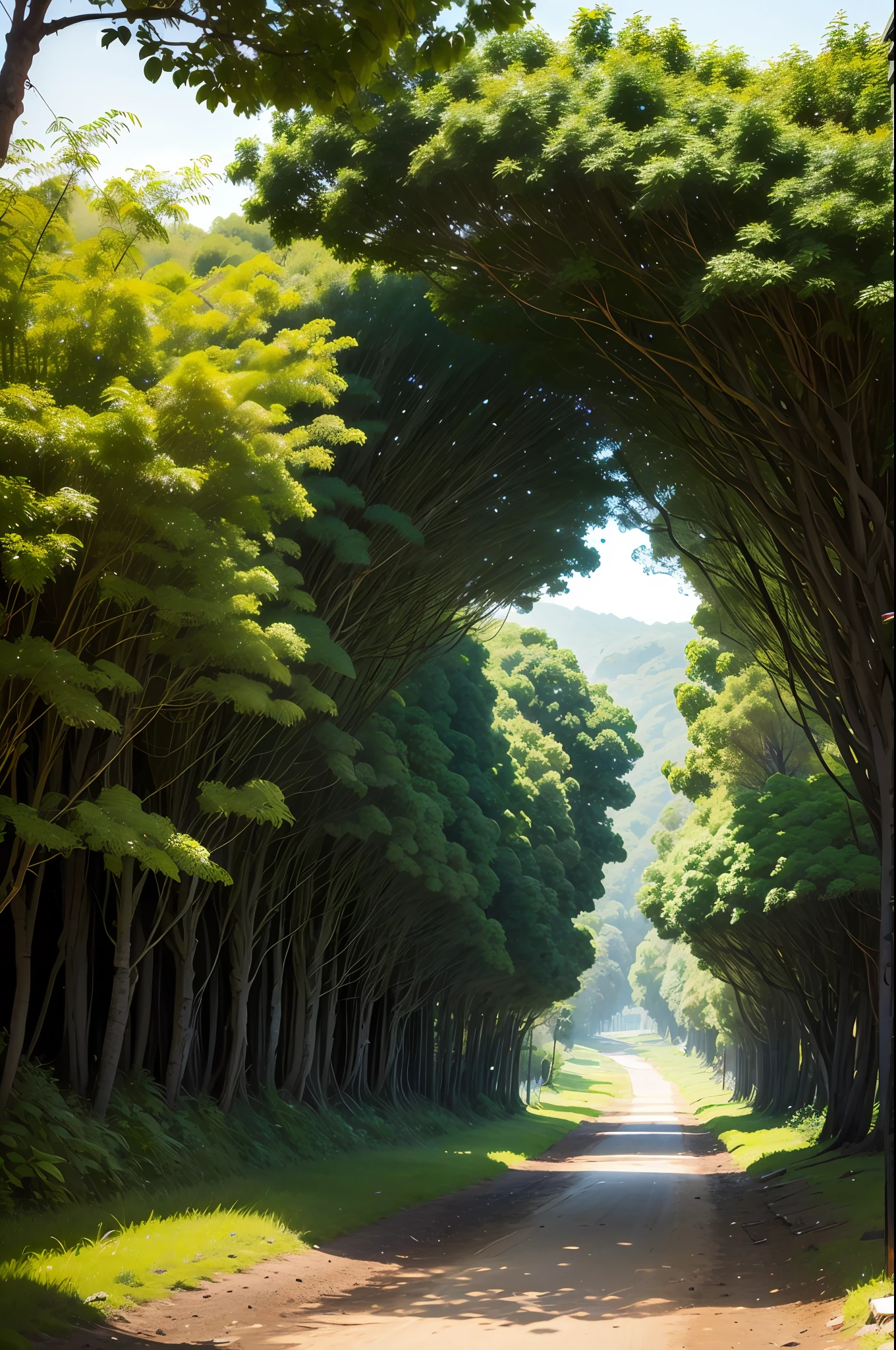 Paisagem de uma floresta, meio-dia, caminhos de terra e uma cabana de madeira --auto