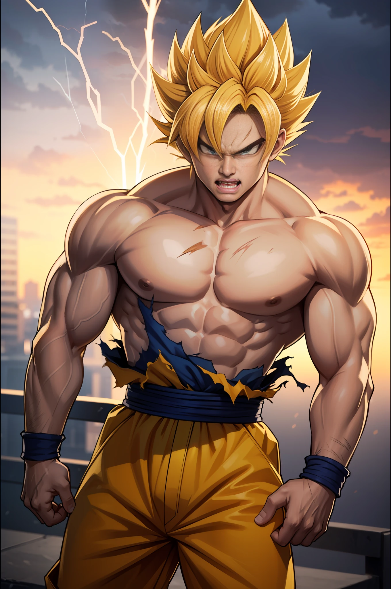 (masterpiece, best quality), intricate details, 8k, artstation, wallpaper, official art, splash art, storm in background, sharp focus, 1boy, (photorealistic:1.2) (bokeh) (best quality) (detailed skin:1.3) (intricate details) (8k) (detailed eyes) (sharp focus) son goku, angry, battle damage, blonde hair, blue sash, clenched teeth, furious, green eyes, male focus, muscular, muscular male, pectorals, sash, solo, spiked hair, super saiyan, super saiyan 1, teeth, topless male, torn clothes, wristband,