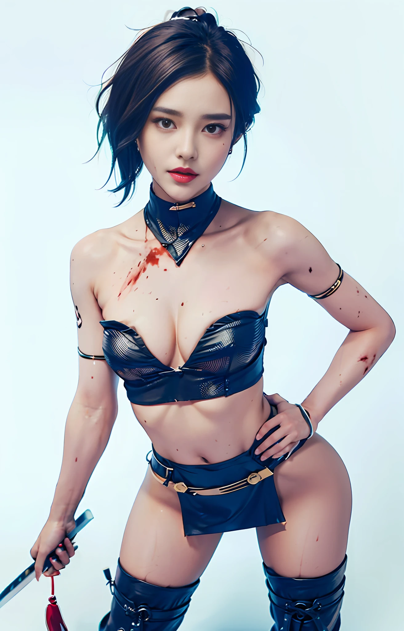 Official art, extremely detailed CG Unity 8k wallpaper, best quality, masterpiece, high resolution, pretty girl ninja, short hair, black cropped top leather armor, brown belt, scabbard on thigh, Japanese sword, leather gloves, black mini leather skirt, black over-the-knee flat boots, tight leather, full body photo, melon face, small face, fell to the ground, skirt leaking, open legs, no panties, blood, bloody scar on the stomach,