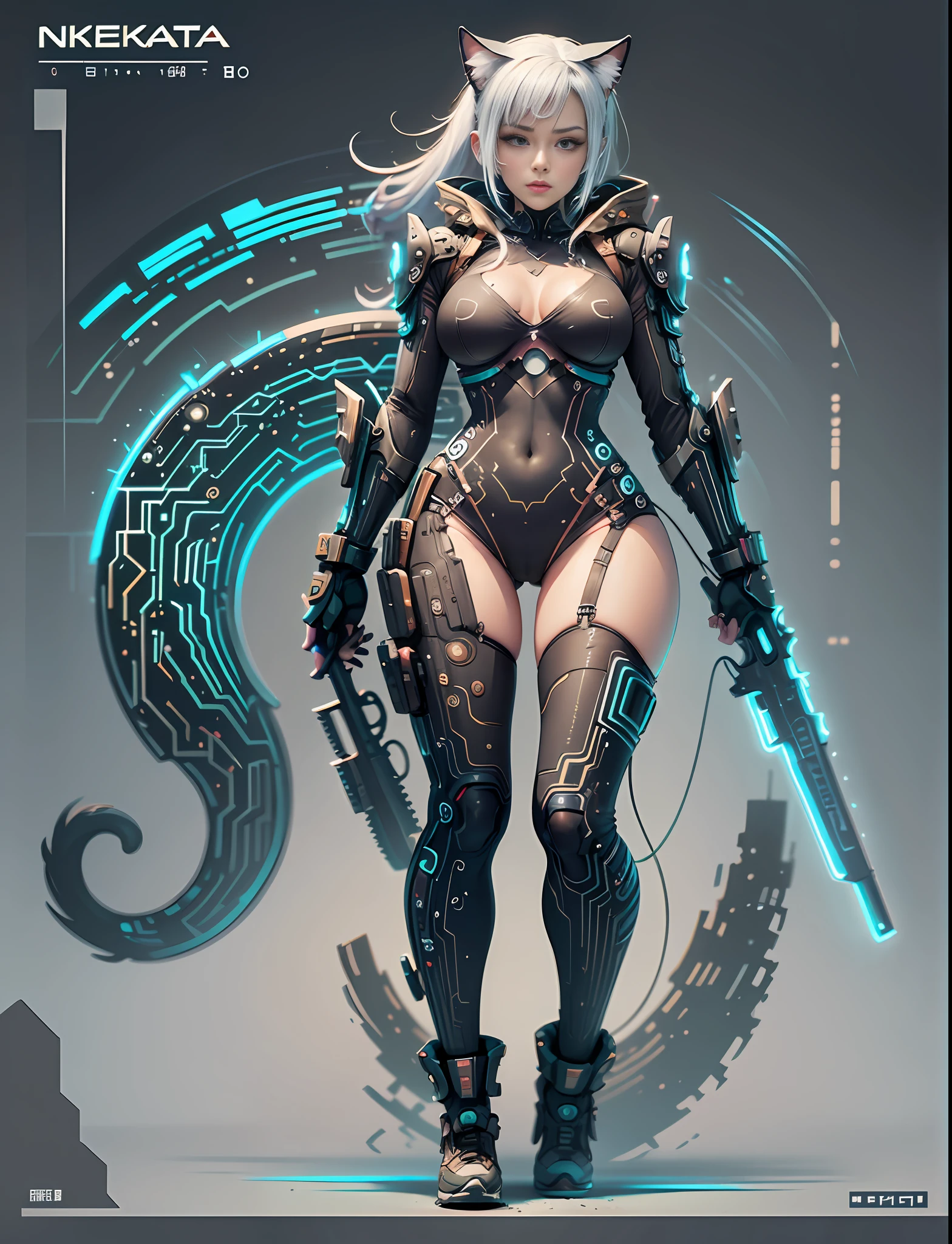 Japanese manga style character sheet of cyberpunk nekomata catgirl, front and back, full body, colorful cyberpunk bodysuit, white and black background, equipment, weapon, detailed, intricate, cinematic lighting