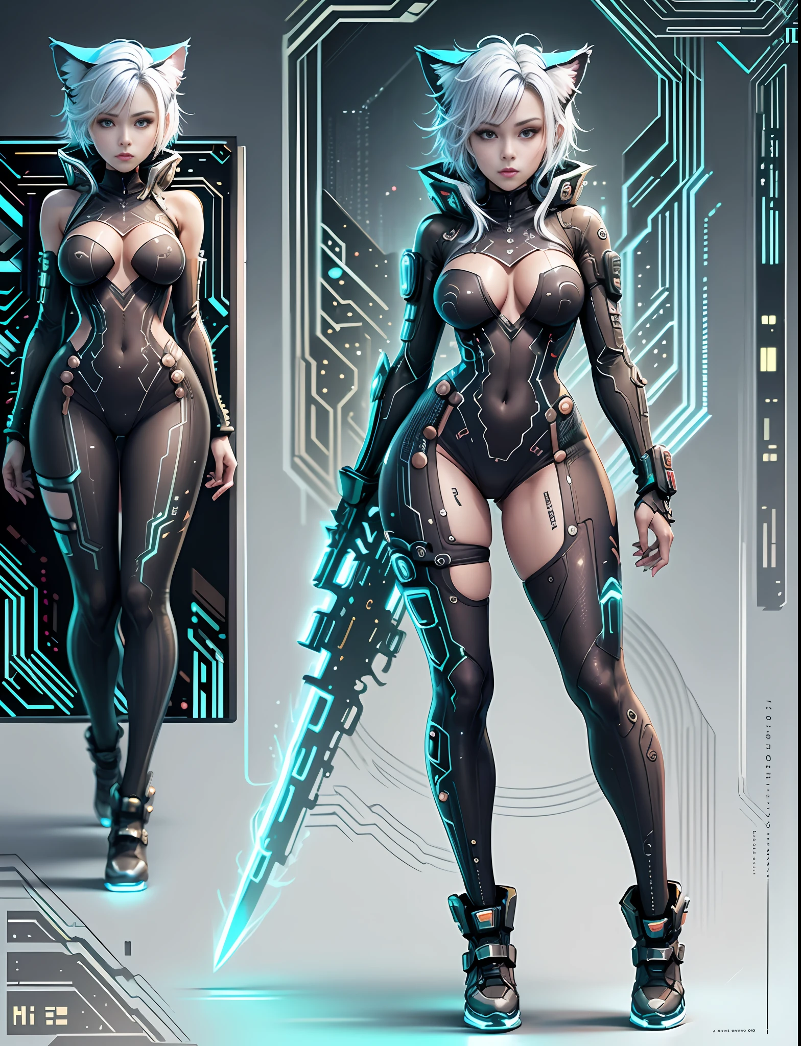 Japanese manga style character sheet of cyberpunk nekomata catgirl, front and back, full body, colorful cyberpunk bodysuit, white and black background, equipment, weapon, detailed, intricate, cinematic lighting