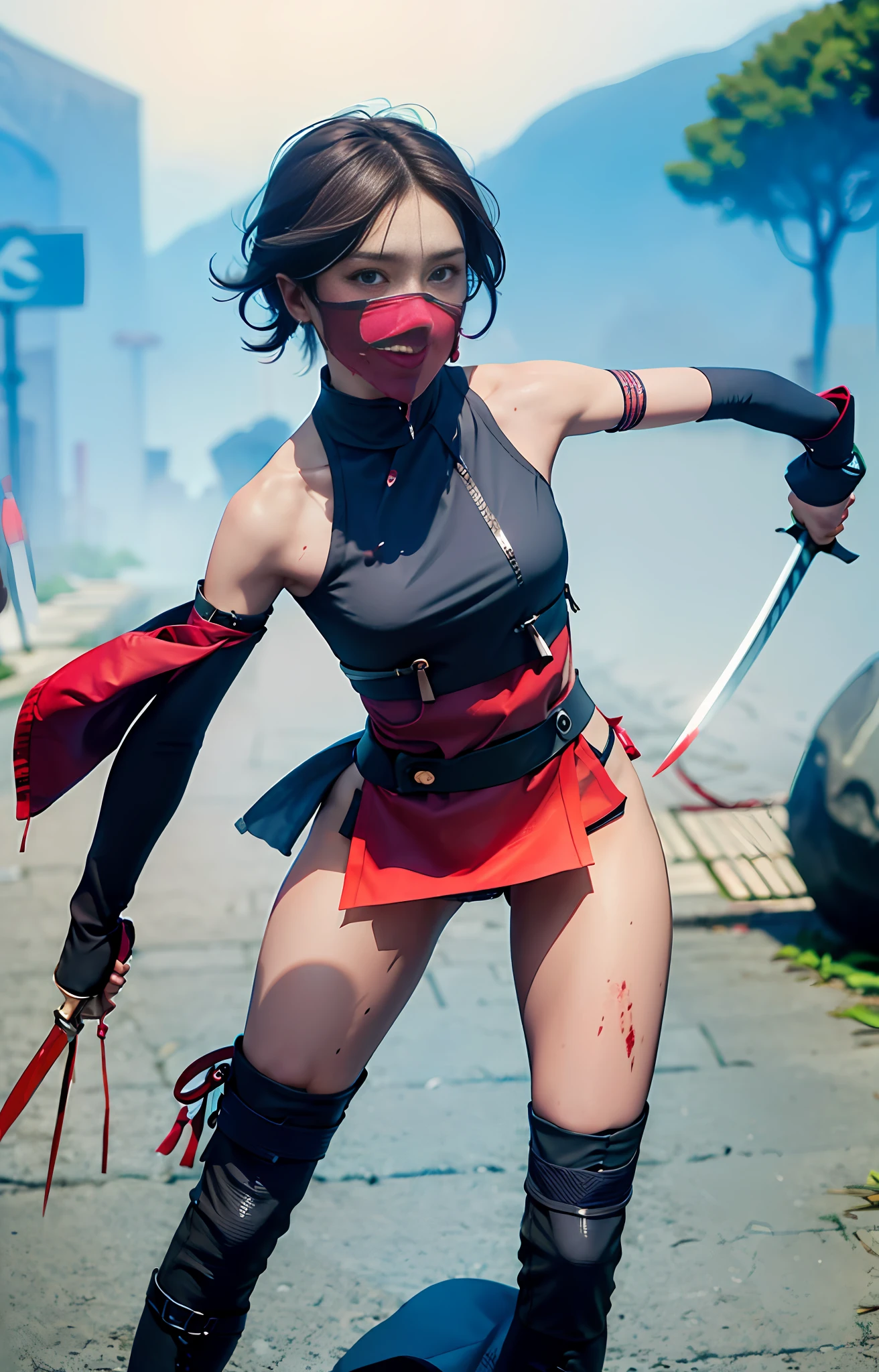 Official art, extremely detailed CG Unity 8k wallpaper, best quality, masterpiece, high resolution, pretty girl ninja, short hair, black cropped top leather armor, brown belt, scabbard on thigh, Japanese sword, leather gloves, black mini leather skirt, black over-the-knee flat boots, tight leather, full body photo, melon face, small face, fell to the ground, skirt leaking, open legs, no panties, blood, bloody scar on the stomach,