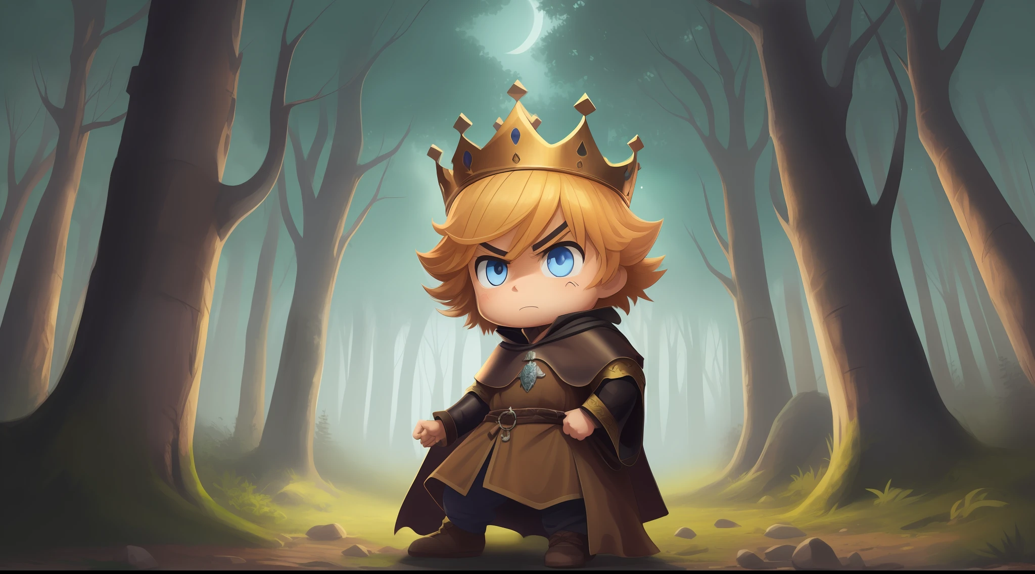 (terror at night, angry gargoyles in the forest) image seen from afar) boy king with a happy crown, fatigue, tired, blue eyes, blond hair, long legs. disheveled (dresses of a medieval king) character .chibi.animated.(a boy king) old scenery. from 1600 years ago.