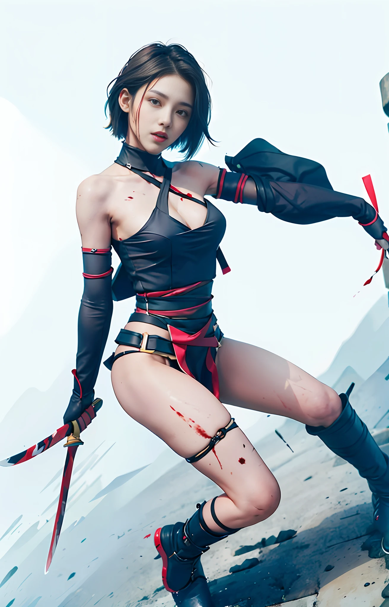 Official art, extremely detailed CG Unity 8k wallpaper, best quality, masterpiece, high resolution, pretty girl ninja, short hair, black cropped top leather armor, brown belt, scabbard on thigh, Japanese sword, leather gloves, black mini leather skirt, black over-the-knee flat boots, tight leather, full body photo, melon face, small face, fell to the ground, skirt leaking, open legs, no panties, blood, bloody scar on the stomach,