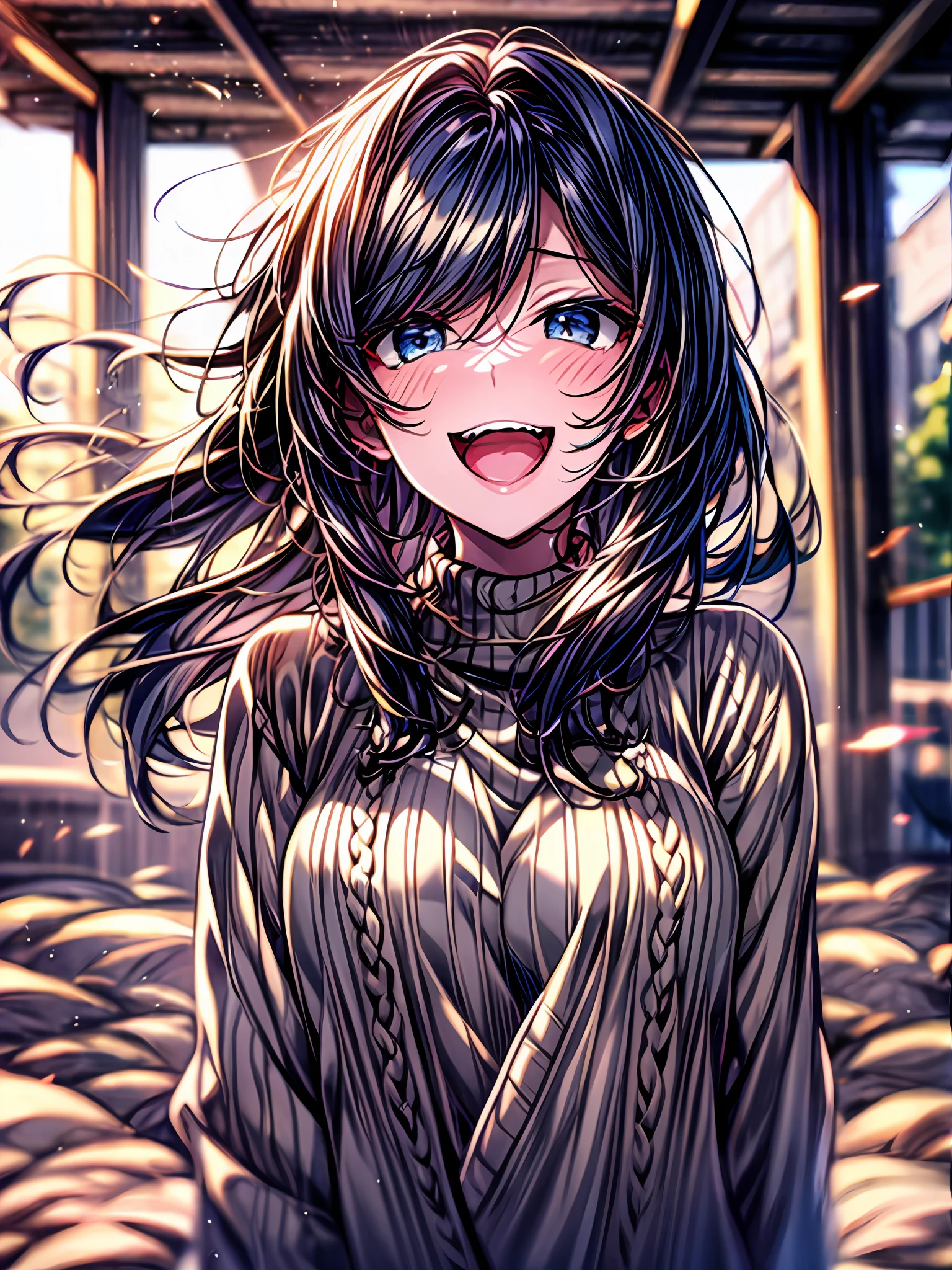 a girl, cosy sweater on, upper body, (huge Laughing:1.1), (open mouth:1.1), (wide open eyes:1.2), sun glare, bokeh, depth of field, blurry background, light particles, strong wind, (heart particles:1.1)