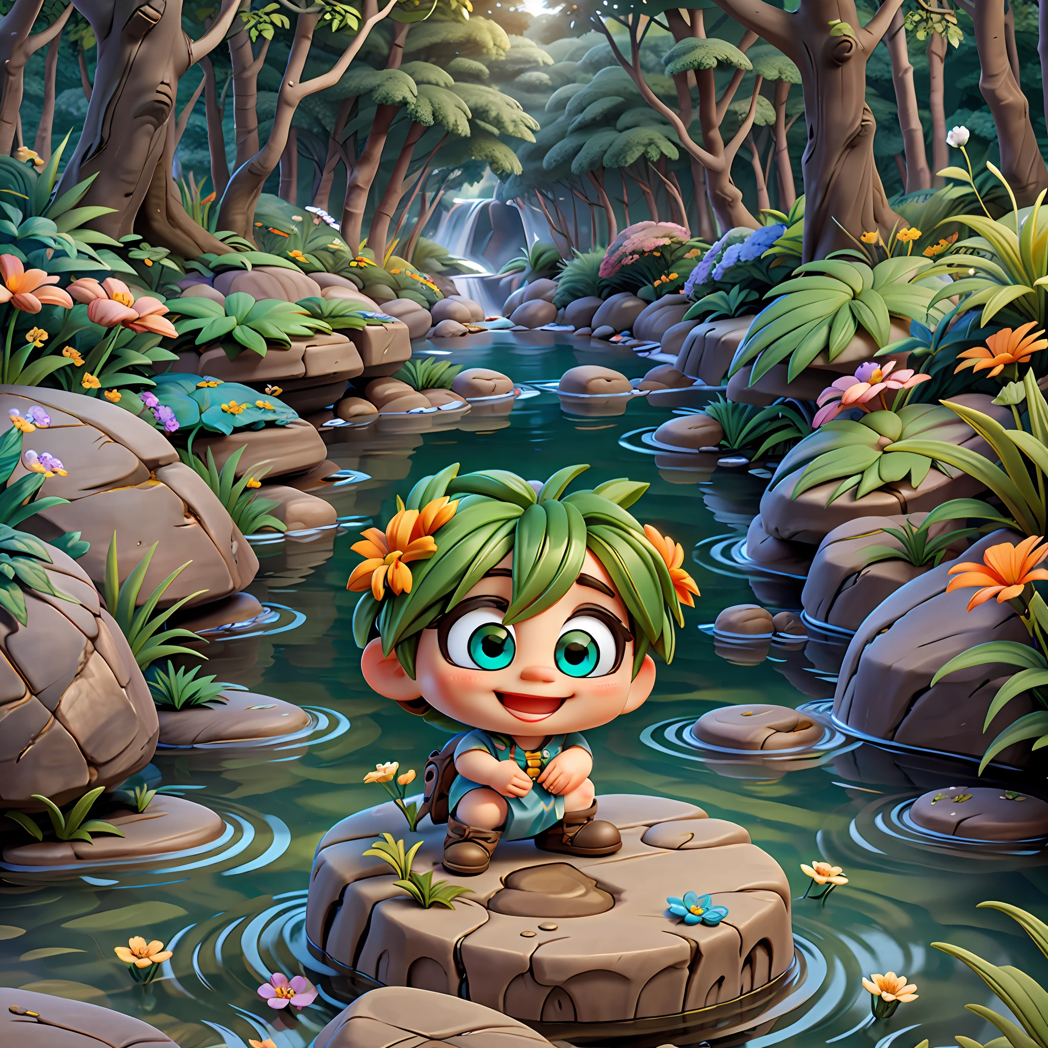 a chibi standing on a rock in the middle of a stream surrounded by luscious greenery and flowers, beautiful, accurate big round eyes, smiling and happy