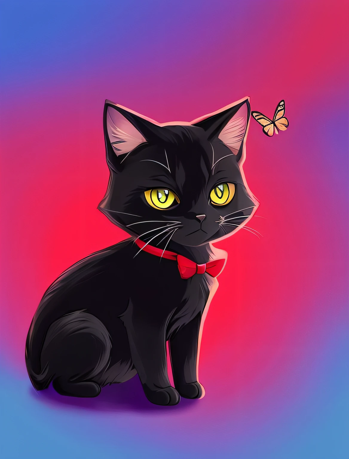there is a black cat with a red bow tie and a butterfly, gato anime, gato anime realista, visual anime de um gato bonito, adorable digital painting, arte digital bonito, Sora como um gato, gato anime bonito, arte digital detalhada bonito, warrior cats fan art, muito bonita menina gato anime, um gato bonito, gato anime bonito, gato bonito, gato rindo com a boca aberta, imagem bem realista