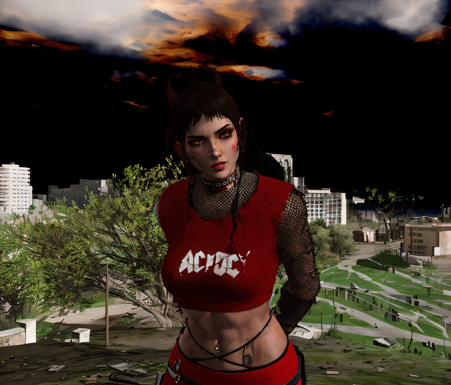 there is a woman in a red shirt and black pants posing, Avatar do Second Life, in a post apocalyptic setting, Segunda vida, apocalyptic setting, em uma cibercidade, usando uma roupa punk, vestido com roupas punk, DAZ, in a post-apocalyptic wasteland, gothic city streets behind her, vestido com roupas crustpunk, atomic punk, in a post apocalyptic city