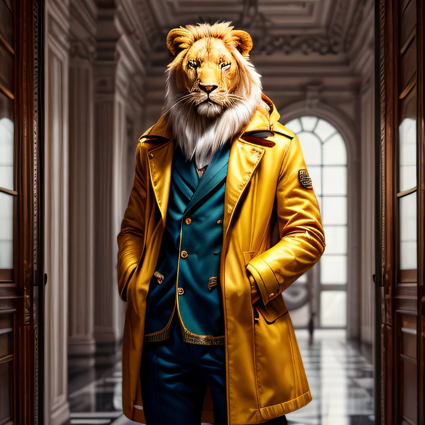 lion, yellow coat, digital art by Andrei Kolkoutine, trend in cg society, digital art, editorial prada oficial, steven klein, editorial photography, editorial photography, editorial image, wes anderson and gucci, moody : : wes anderson, high fashion photography, vogue italia, futuristic yellow lens, fashion editorial, gucci, shot in Hasselblad H4D 200MS Digital Camera, ((((ultra realistic))), (((super detailed))).natural photo, filmed on a professional camera, American cut, HDR, 8k. --auto