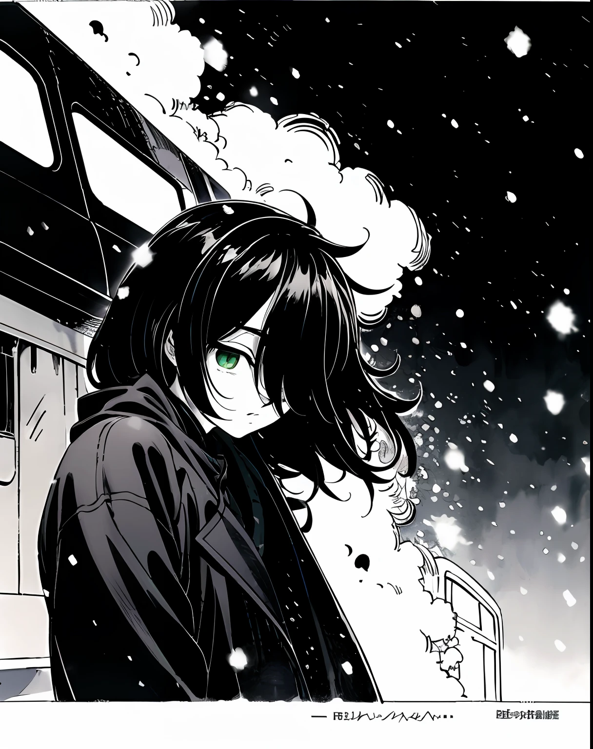 Kuroki-Tomoko at a train station looking up to the sky, (snowing), VHS, white background, vintage, (hair covering eyes), ((hair over one eye)), black coat, manga style, ((monochromatic)), green eyes, shot from far away, (side view)