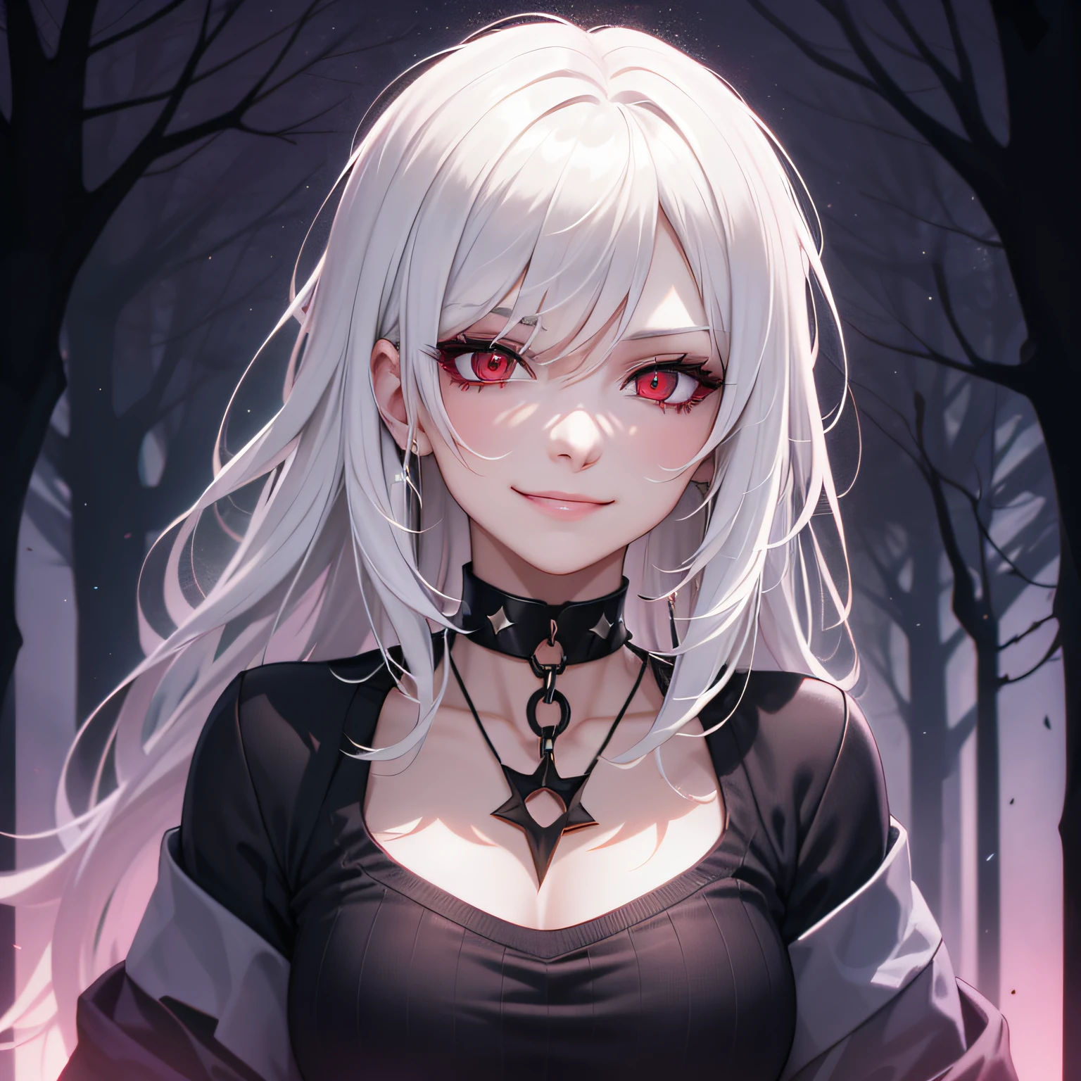 woman, short layered white hair, red eyes, glowing lights in the dark forest, striped longs sleeve shirt chain choker on the neck, white shape eyes, an evil smirk, glitchy background, glitch filter effect