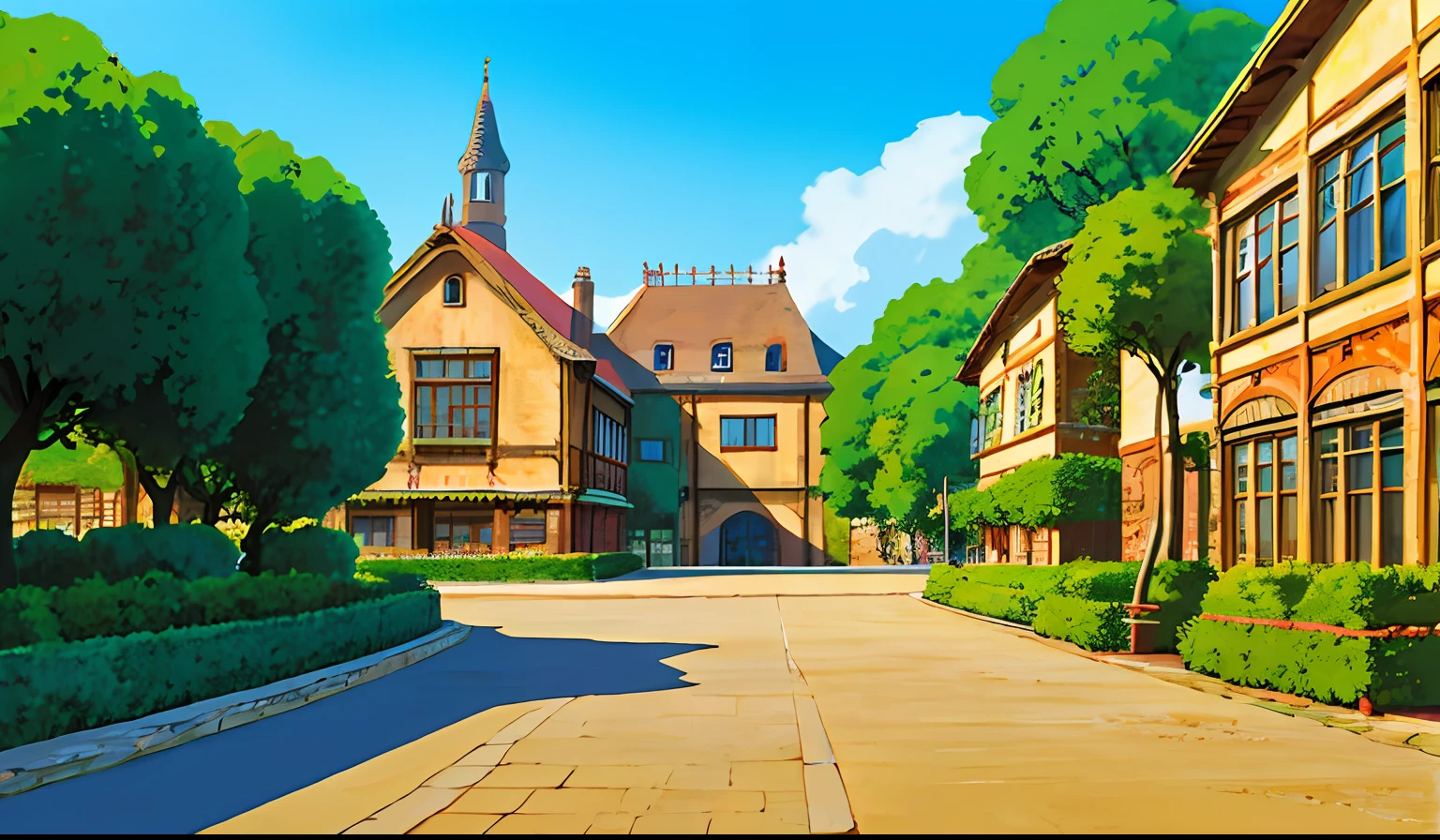 Hayao Miyazaki,GHIBLI,paisaje,Un reino medieval enorme, con una gran plaza en el medio llena de comercios, un gigante castillo al fondo y muchas calles llenas de casa, (magico, 8k extremadamente detallado.) visto desde arriba