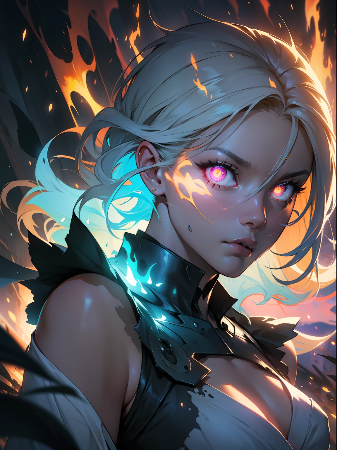 fire spirit, ghostly, transparent, tattered clothes, see through, fire, reflective eyes, perfects eyes, realism, glowing eyes, vibrant, ultra high quality, bright colors, digital art, sunbeams, very thin lines, soft impressionist perfect composition, dramatic, insanely detailed, cinematic, dramatic atmosphere, volumetric lighting, cinematic lighting, studio quality