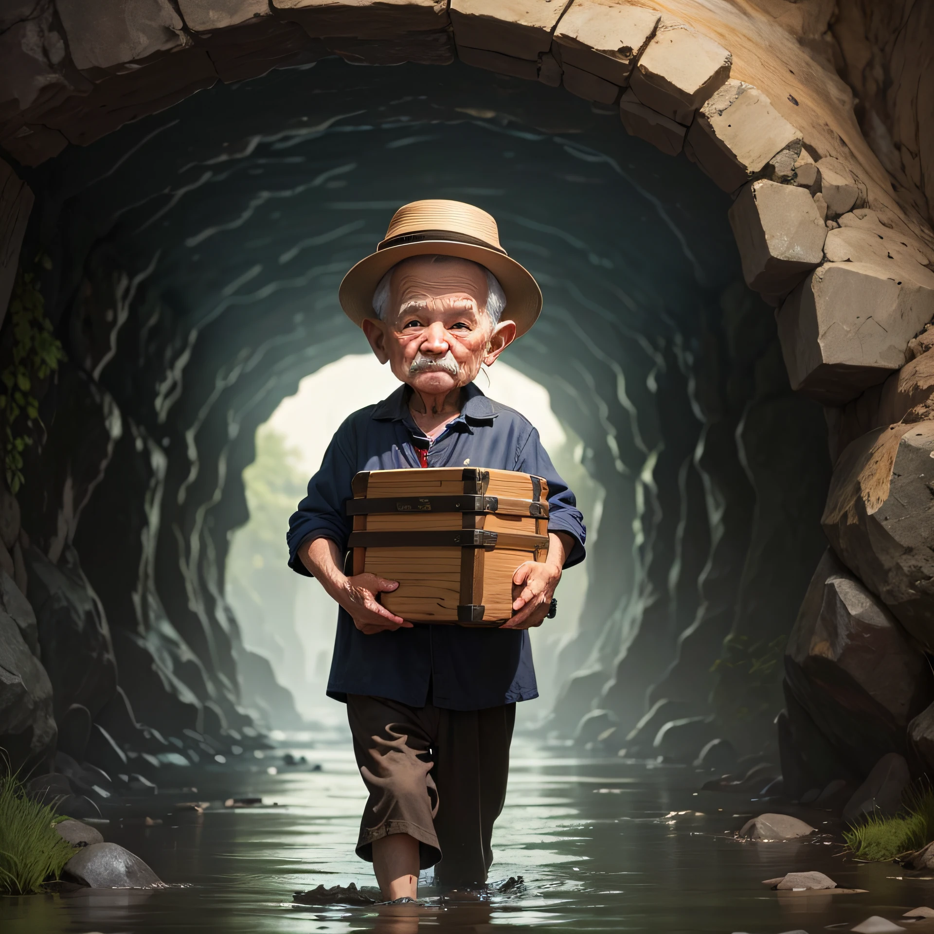 Little old man with cute and friendly face, wearing a funny hat, old village clothes and carrying a chest in his hands in a dark and wet cave, desenho infantil. --auto