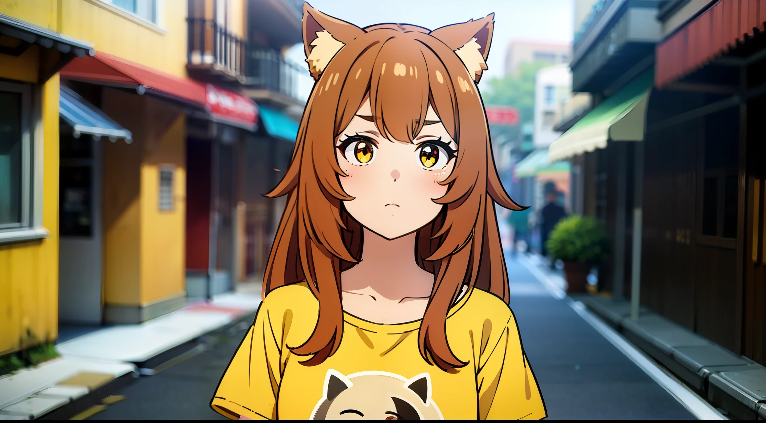obra maestra, Raphtalia, brownhair, orejas de animal, ojos rojos, cara triste, voca abierta, yellow t-shirt, en medio de la calle, retrato