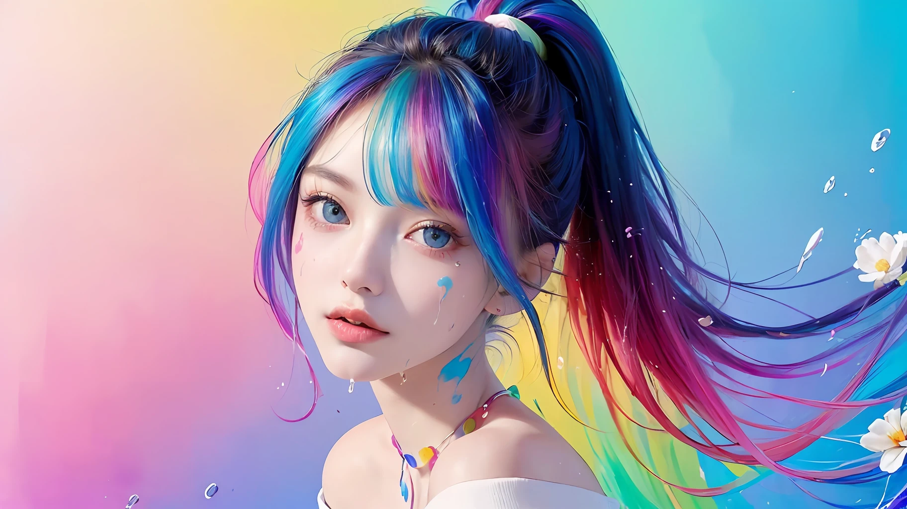 (Pink Fashion T-shirt:1.9),(Colorful hair: 1.8), (all the colours of the rainbow: 1.8),(((((vertical painting:1.6))), (painting:1.6),front, comics, illustrations, paintings, large eyes, crystal clear eyes,( rainbow color gradient high ponytail:1.7), exquisite makeup, closed mouth,(Small Fresh: 1.5),(Wipe Chest: 1.6) ,long eyelashes, white off shoulder T-shirt, White Shoulder Shirt,looking at the audience, large watery eyes, (rainbow colored hair:1.6), color splash, (solo:1.8), color splash, color explosion, thick paint style, messy lines, ((shining)),(colorful), (colorful), (colorful), colorful, Thick Paint Style, (Splash) (Color Splash), Vertical Painting, Upper Body, Paint Splash, Acrylic Pigment, Gradient, Paint, Highest Image Quality, Highest Quality, Masterpiece, Solo, Depth of Field, Face Paint, colorful clothes, (Elegant: 1.2), gorgeous,long hair, wind, (Elegant: 1.3), (Petals: 1.4),(((masterpiece))),(((best quality))),((ultra-detailed)),(illustration),(dynamic angle),((floating)),(paint),((disheveled hair)),(solo),(1girl) , (((detailed anima face))),((beautiful detailed face)),collar,bare shoulders,white hair, ((colorful hair)),((streaked hair)),beautiful detailed eyes,(Gradient color eyes),(((colorful eyes))),(((colorful background))),(((high saturation))),(((surrounded by colorful splashes))),