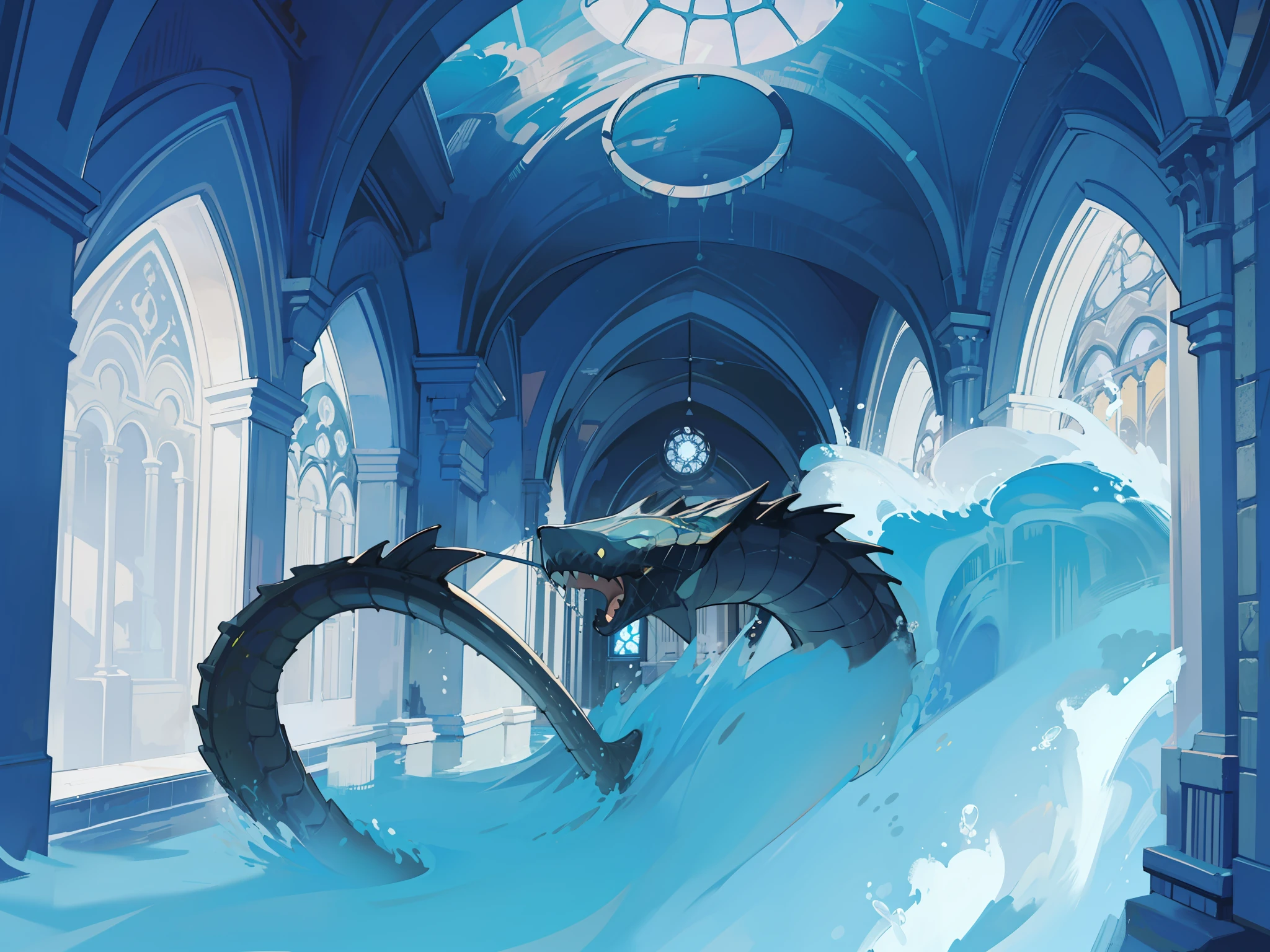 1monster, sea serpent. inside flooding chamber, wave. (Masterpiece: 1.2) (Best quality: 1.3)