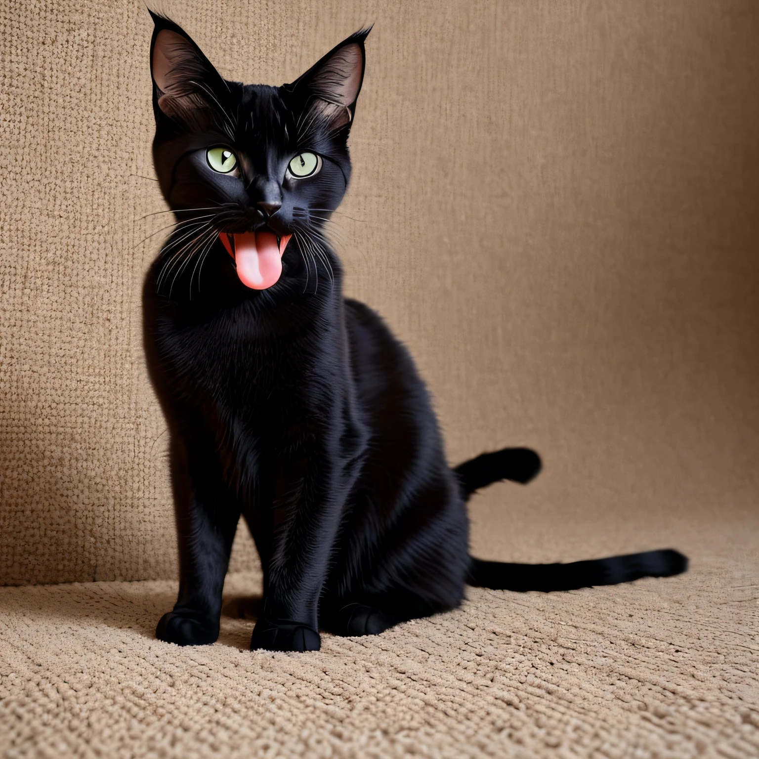 There is a black cat that is sitting on a furry blanket, black cat, April photograph, looking at the camera, with bright yellow eyes, cattie - brie of Mithril Hall, beautiful image of Stray, big entirely - black eyes, big totally black eyes, photo of a cat, uncovered photo, numerous faintly bright eyes, a beautiful one with the good open. meowing with her mouth open, I want a very realistic photo of the kitten with her mouth open and squeamish --auto