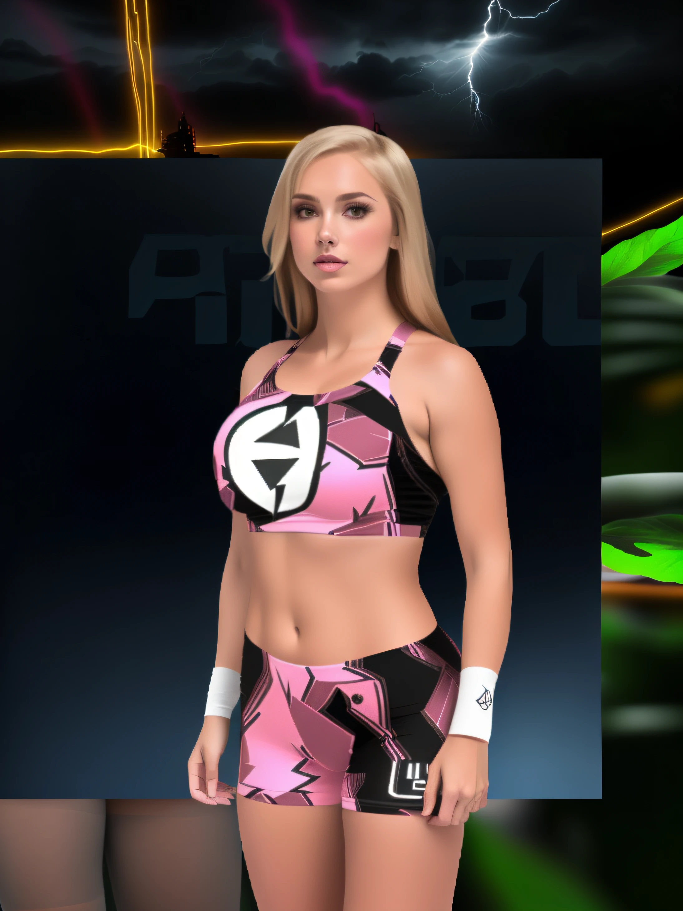 Fit blonde Caucasian woman in pink black and white bra in a lightning pattern with a emblem on the front, pink black and white tights in a lightning pattern, white wristbands, photo realistic, intricate details