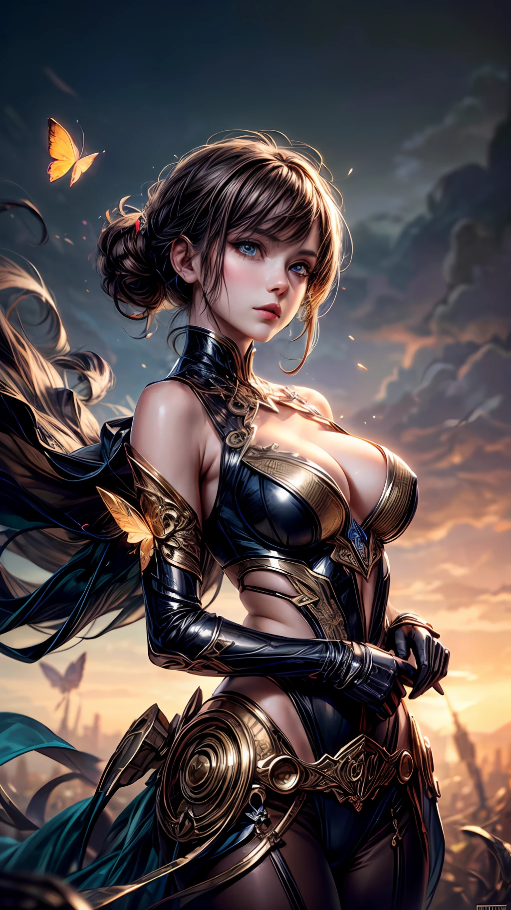 (obra maestra), (mejor calidad),8k beautiful cyborg with brown hair, intricate, elegant, highly detailed, majestic, digital photography, art by artgerm and ruan jia and greg rutkowski surreal painting gold butterfly filigree, broken glass, (masterpiece, sidelighting, (finely detailed beautiful eyes: 1.2), hdr,(add details/1.5)