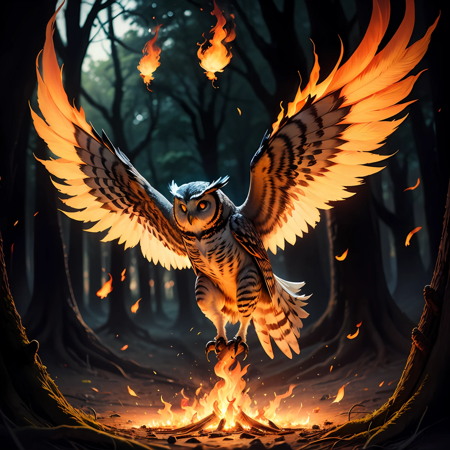 photo realistic owl with flame phoenix feathers, animal, oak-tree, wings on fire, phoenix wings, 50mm wide angle lens, F2.8 aperture, deep focus --auto