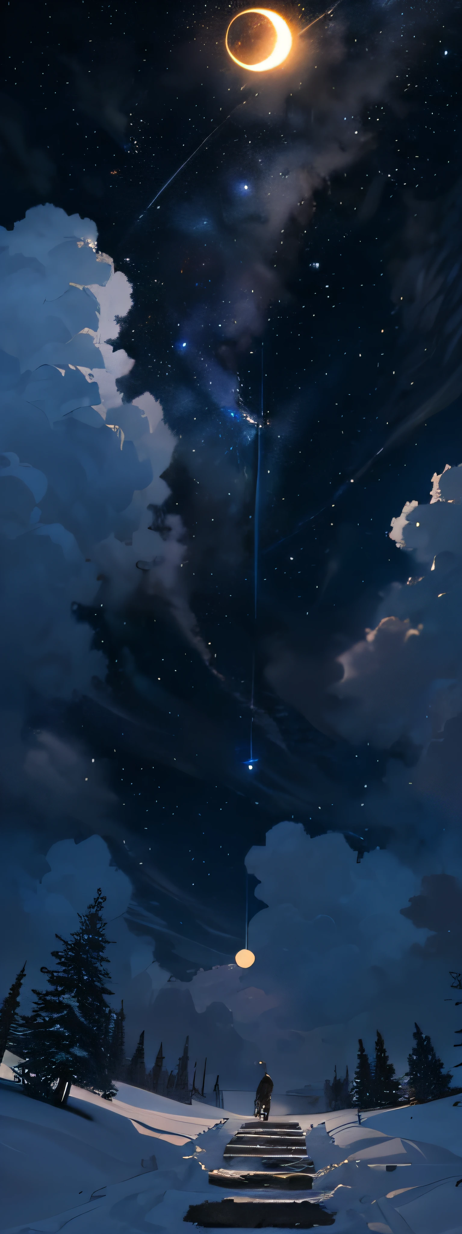 fotografia de paisagem expansiva, (a view from below that shows the sky above and the open field below), (lua cheia: 1.2), (estrelas cadentes: 0.9), (nebulosa: 1.3), montanha distante , BREAK tree production art, (fonte de luz quente: 1.2), (Firefly: 1.2), lamp, muito roxo e laranja, detalhes complexos, BREAK volumetric lighting (obra-prima: 1.2), (melhor qualidade), 4k, ultradetalhado , (dynamic compositing: 1.4), detalhes coloridos altamente detalhados (cores iridescentes: 1.2), (Bright lighting, atmospheric lighting), sonhador, magica, (solo: 1.2)The sun god meets the moon princess An impossible love that fate acts They look at each other from afar, but they never touch Only in the rare eclipses do they approach
The splendour of lights in the sky reflects The sun is a golden sovereign that shines and rules The moon is a beautiful princess of white and serene skin That illuminates the nights with its small light