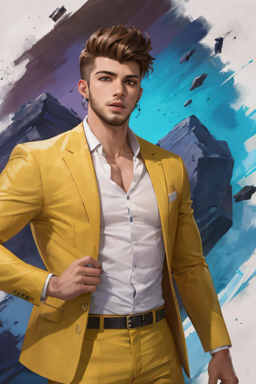 homem, 25 anos, moreno, jovem moreno, homem moreno, cabelo ondulado, cabelo marrom, olhos castanhos claro, alto, bonito, musculoso, olhos castanhos, camisa de gola alta e blazer,