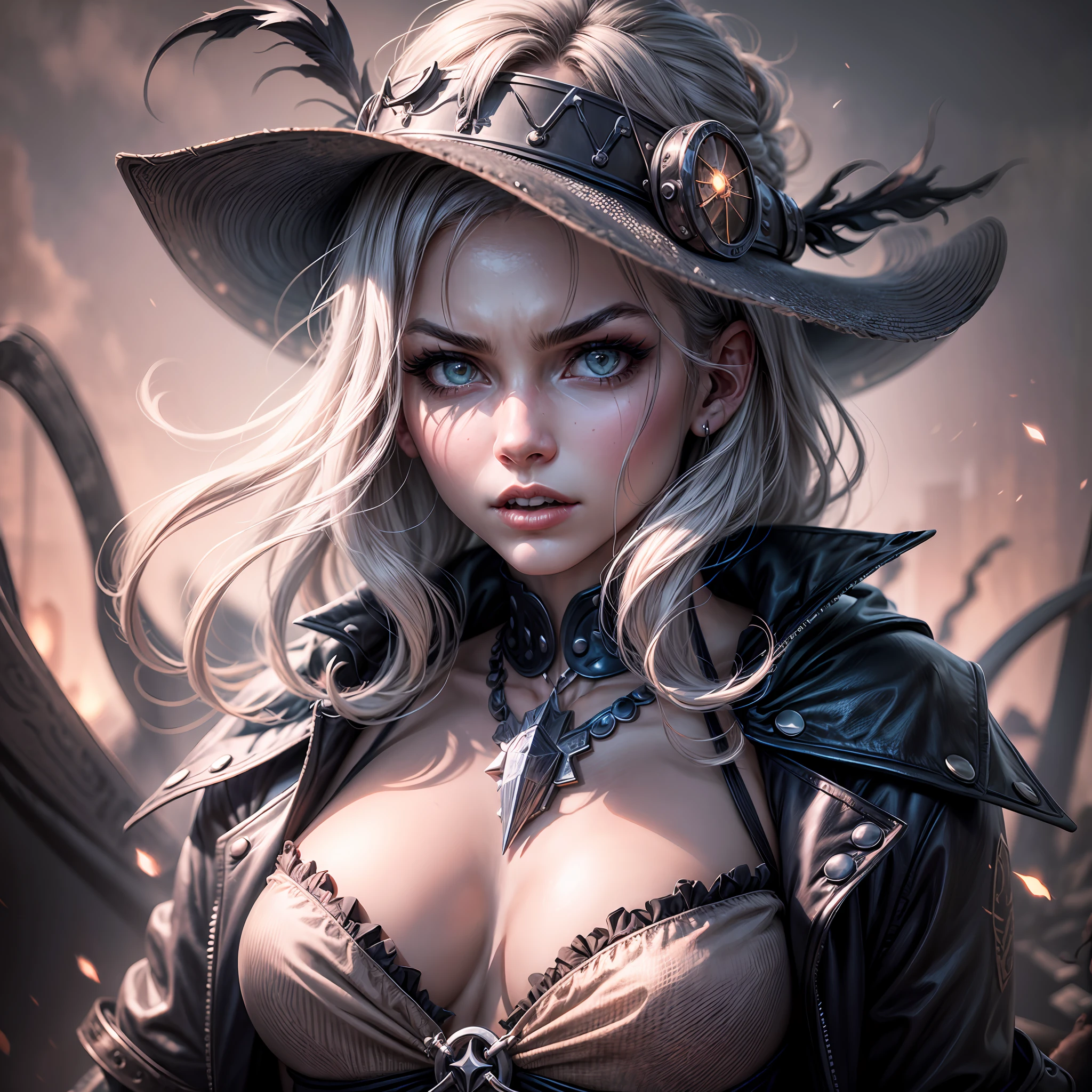 masterpiece, high quality, unity 8k wallpaper, award winning piece, portrait of 1 girl, solo, monster girl, evil vibe, hellfire element, particles all around, depth of field, demon like, sexy, cowboy vibe, wild west vibe, cowboy shot, badass, cool, evil, dominant looking, sharp focus, night time