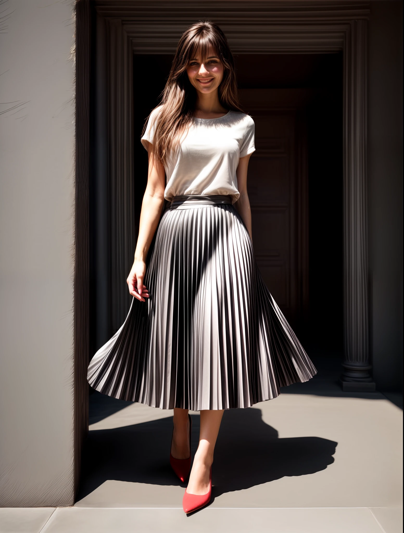 authentic (very shy smiling) good woman wearing a short blazer with a very very detailed (long (fully pleated) full circle skirt) and (simple) low heeled office shoes, very very intricate hyper-detailed symmetric (attractive graceful young feminine face) with (sad, tired eyes and shy smile:1,8), full of empathy and compassion and love, (pronounced (feminine) features), (highly detailed ultra accurate realistic) hands and fingers, (windy conditions and wind blowing), epic composition, highly detailed attributes, highly detailed atmosphere, (35mm f1.4 Kodak portra 400 photograph), extremely high quality RAW photograph, intricate, Exquisite details and textures,
