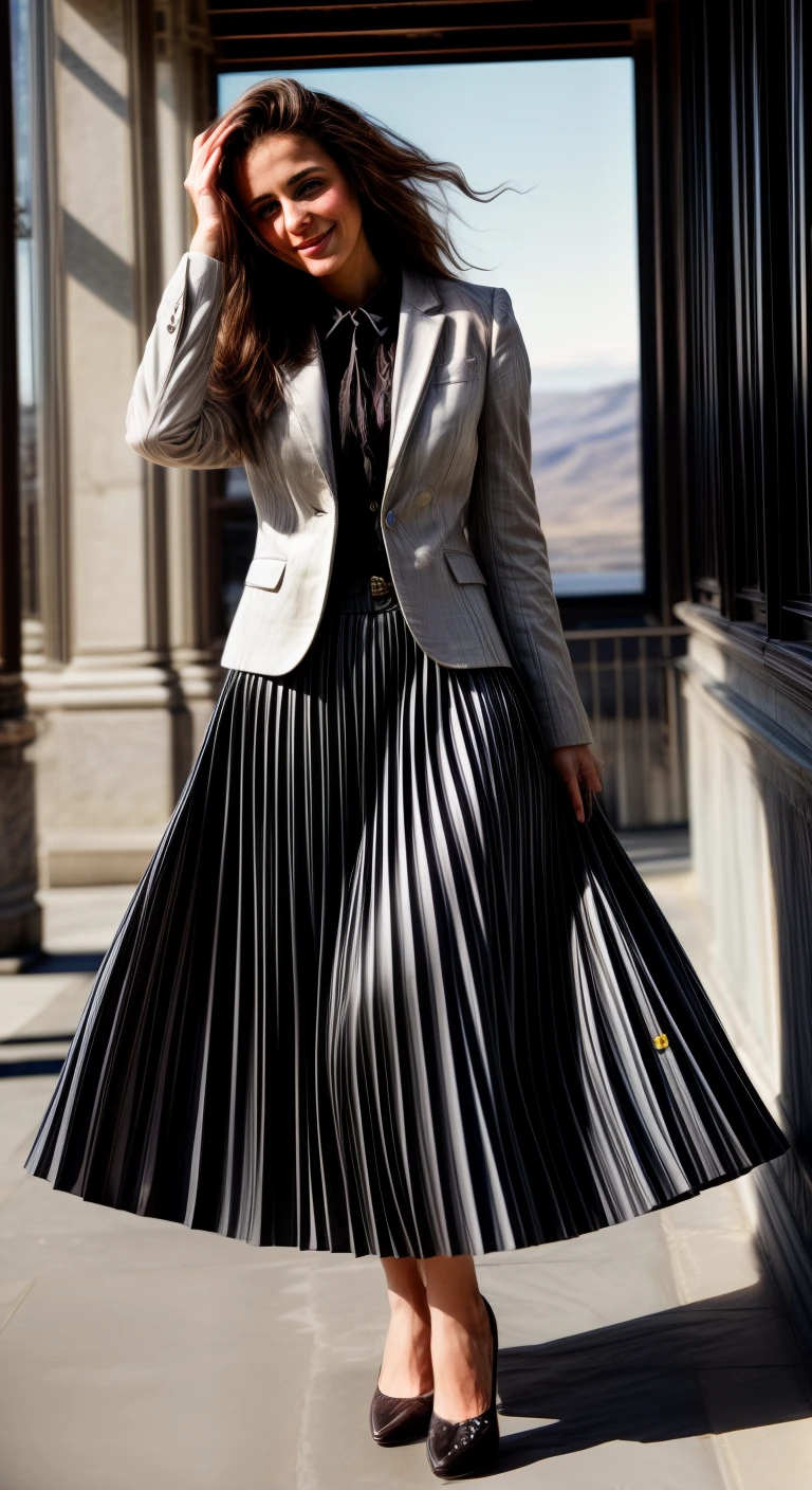 authentic (very shy smiling) good woman wearing a short blazer with a very very detailed (long (fully pleated) full circle skirt) and (simple) low heeled office shoes, very very intricate hyper-detailed symmetric (attractive graceful young feminine face) with (sad, tired eyes and shy smile:1,8), full of empathy and compassion and love, (pronounced (feminine) features), (highly detailed ultra accurate realistic) hands and fingers, (windy conditions and wind blowing), epic composition, highly detailed attributes, highly detailed atmosphere, (35mm f1.4 Kodak portra 400 photograph), extremely high quality RAW photograph, intricate, Exquisite details and textures,
