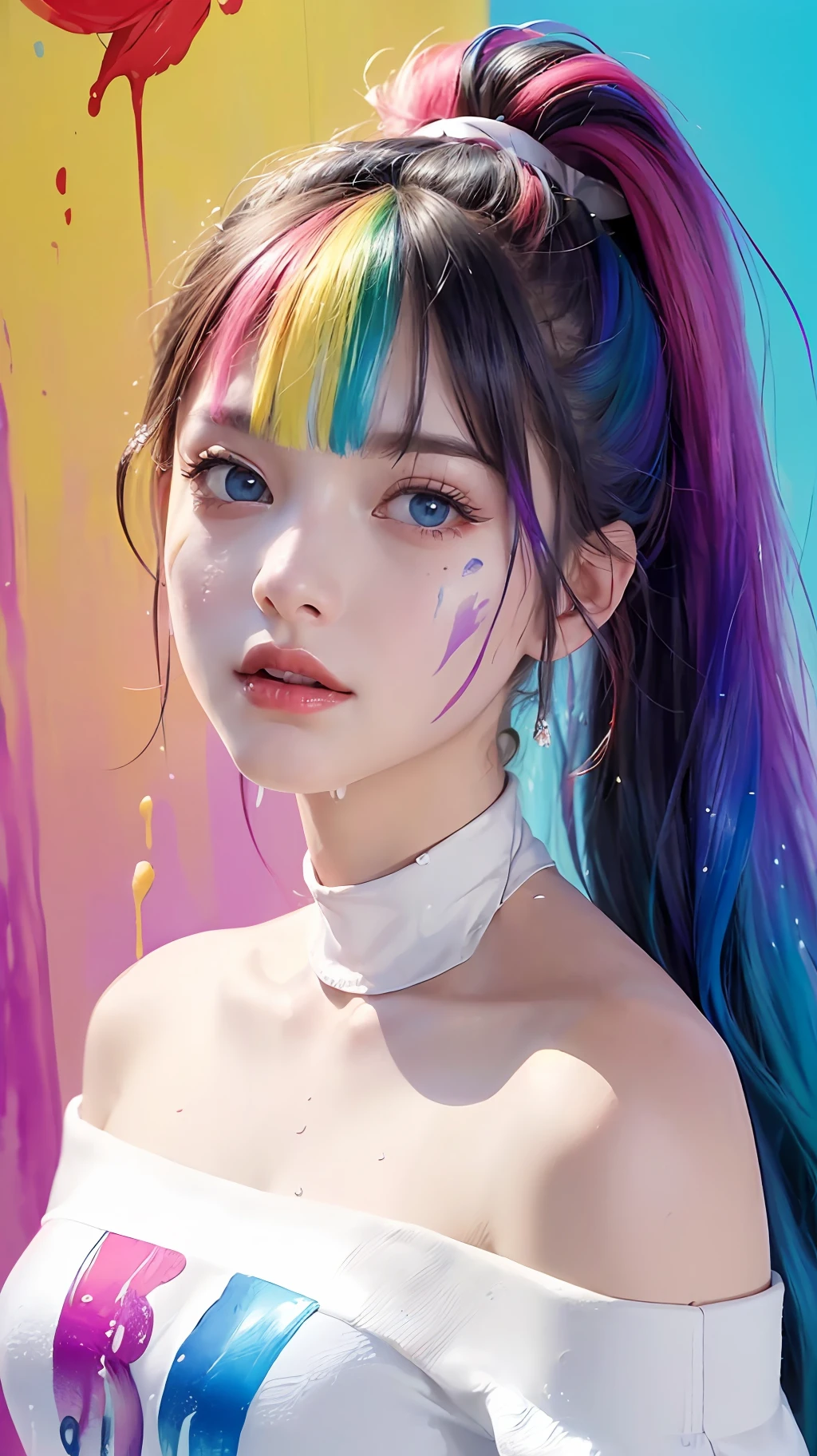 (Pink Fashion T-shirt:1.9),(Colorful hair: 1.8), (all the colours of the rainbow: 1.8),(((((vertical painting:1.6))), (painting:1.6),front, comics, illustrations, paintings, large eyes, crystal clear eyes,( rainbow color gradient high ponytail:1.7), exquisite makeup, closed mouth,(Small Fresh: 1.5),(Wipe Chest: 1.6) ,long eyelashes, white off shoulder T-shirt, White Shoulder Shirt,looking at the audience, large watery eyes, (rainbow colored hair:1.6), color splash, (solo:1.8), color splash, color explosion, thick paint style, messy lines, ((shining)),(colorful), (colorful), (colorful), colorful, Thick Paint Style, (Splash) (Color Splash), Vertical Painting, Upper Body, Paint Splash, Acrylic Pigment, Gradient, Paint, Highest Image Quality, Highest Quality, Masterpiece, Solo, Depth of Field, Face Paint, colorful clothes, (Elegant: 1.2), gorgeous,long hair, wind, (Elegant: 1.3), (Petals: 1.4),(((masterpiece))),(((best quality))),((ultra-detailed)),(illustration),(dynamic angle),((floating)),(paint),((disheveled hair)),(solo),(1girl) , (((detailed anima face))),((beautiful detailed face)),collar,bare shoulders,white hair, ((colorful hair)),((streaked hair)),beautiful detailed eyes,(Gradient color eyes),(((colorful eyes))),(((colorful background))),(((high saturation))),(((surrounded by colorful splashes))),